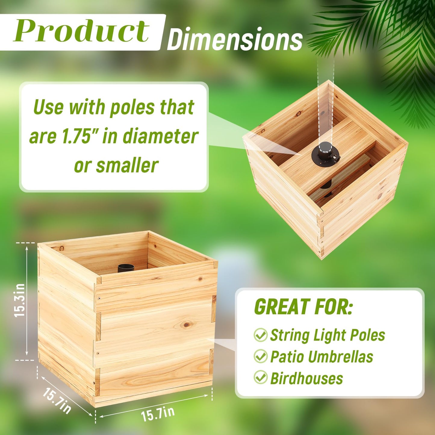Wonderjune Large Decorative Wooden Planter 15.7" x 15.7" x 15.3" Umbrella Planter Solid Wood Garden Patio Box with Universal Rod Adapter Support for String Light Poles, Umbrellas (Without Pole)