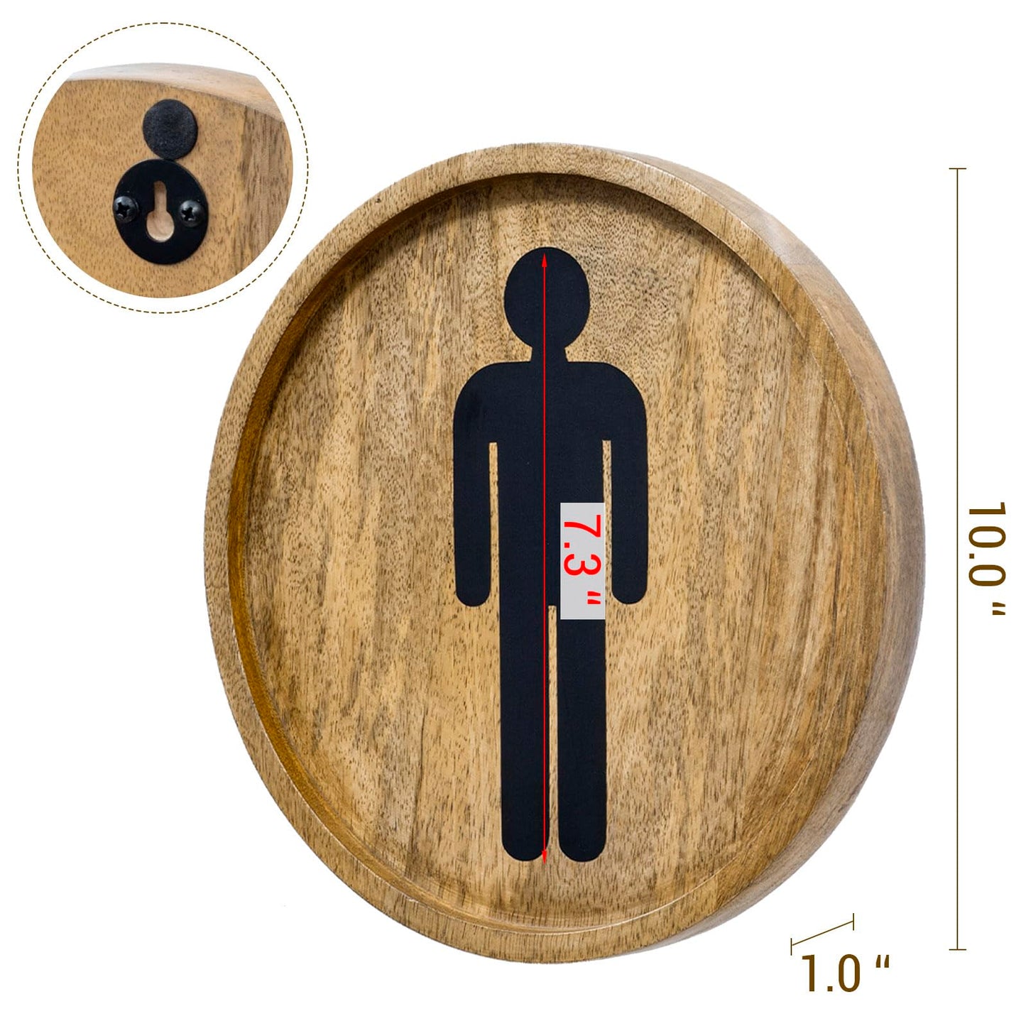 MyGift 10 Inch Round Rustic Solid Mango Wood Wall Hanging Mens and Womens Bathroom Signs with Matte Black Metal Cutout Male Female Gender Symbols, 2 Piece Set - Handcrafted in India