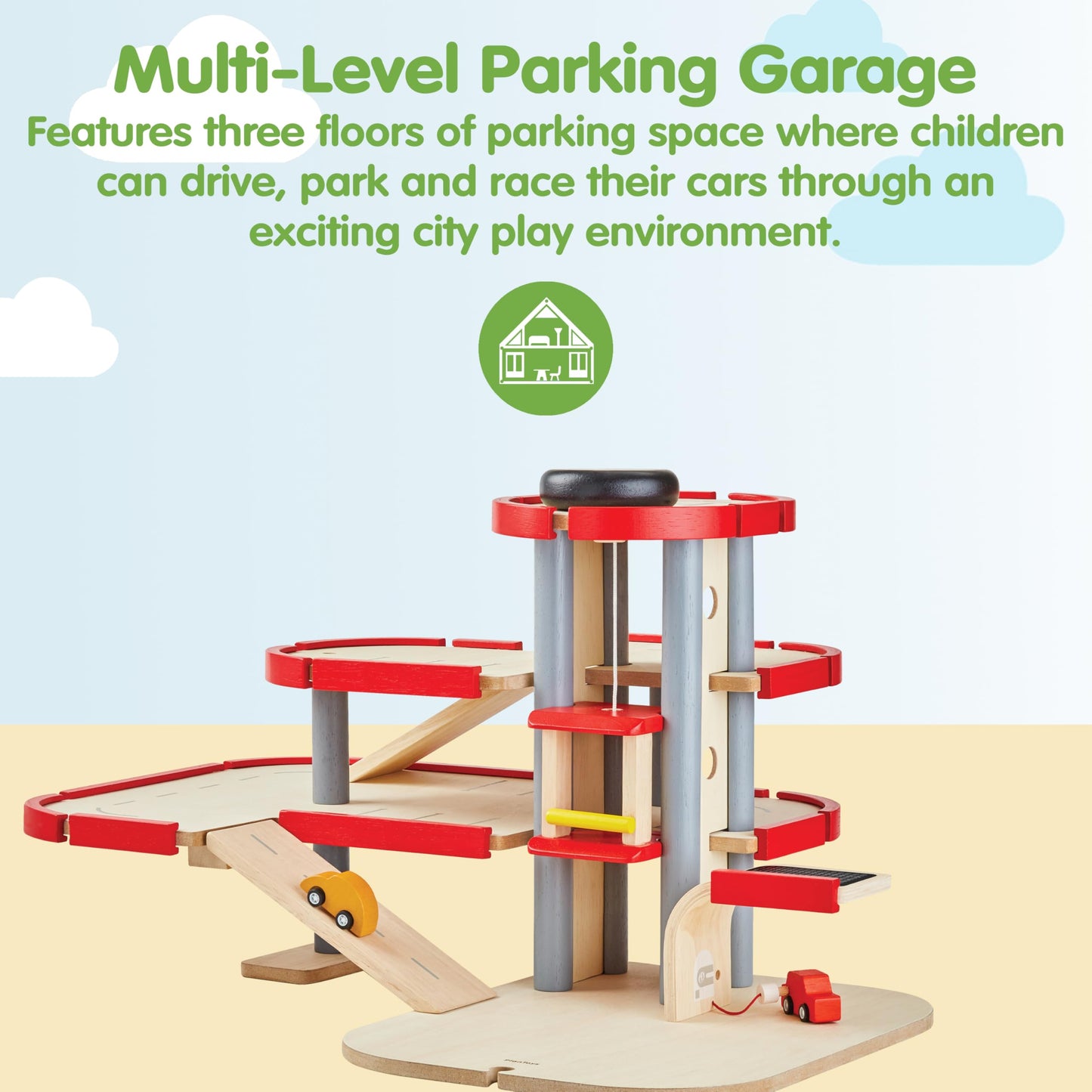 PlanToys® Parking Garage Wooden Montessori Imaginative and Creative Play Set | Problem Solving, Social Interaction and Early Coordination Activity | Eco Friendly Vehicle and Ramp Play Set