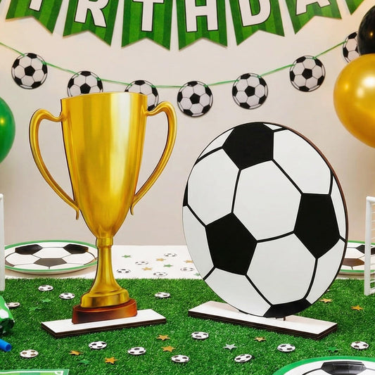 Brightrow 2 Pack Large 2026 Soccer Party Decorations, 12 x 12 Inch Wooden Football Ball Sign and 17 x 12 Inch Soccer Trophy Centerpieces for Home Yard Outdoor Indoor Garden Lawn Decor