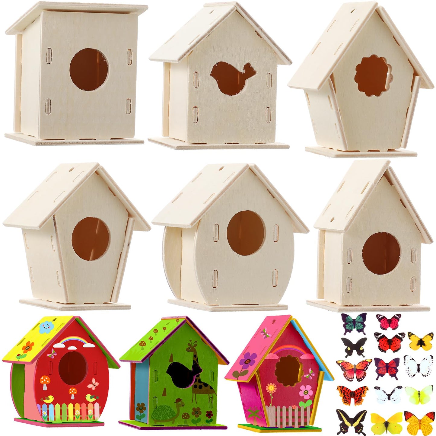 Sawysine 93 Pcs DIY Birdhouse Kits for Kids to Build, 36 Wooden Bird House 6 Shapes and 57 Butterfly Sticker for Children Summer Craft Activity Art Project DIY(Multiple Entrance)