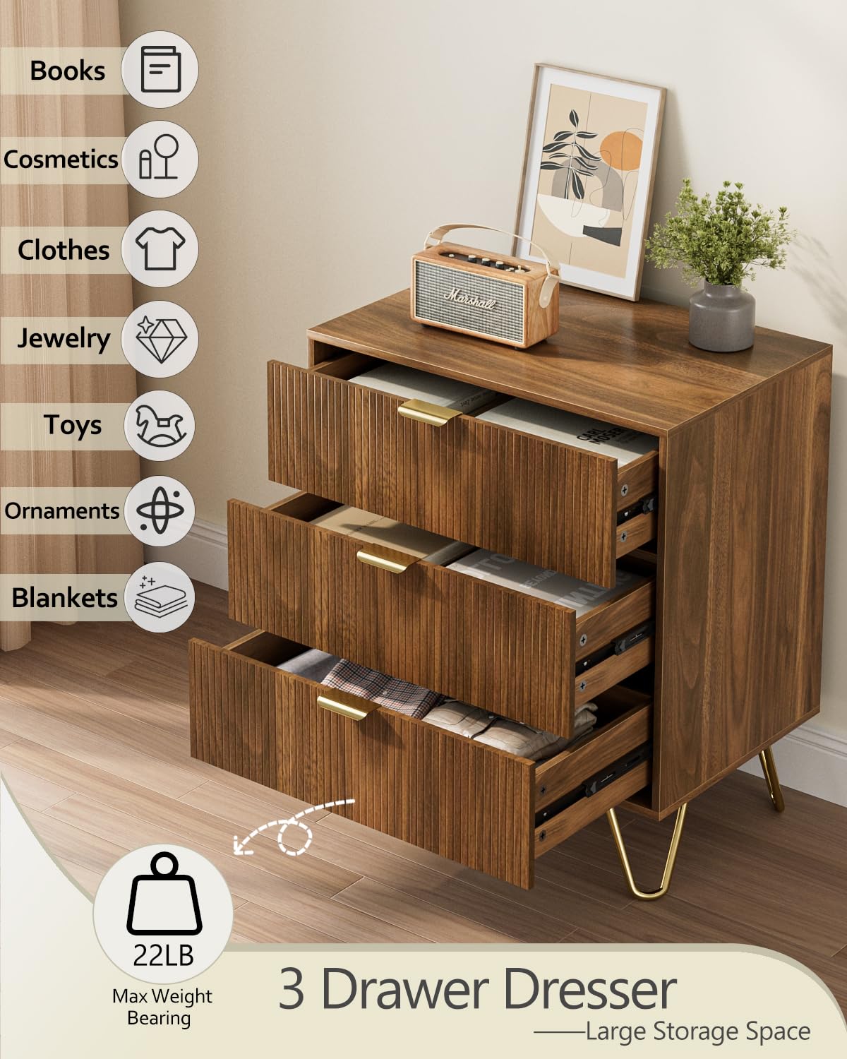 AEPOALUA Walnut Dresser for Bedroom, Modern Fluted 3 Drawer Dresser with Storage, Dresser Chest of Drawers with Gold Handles for Bedroom, Living Room, Closet, Hallway, 15.8" D x 23.6" W x 27.6" H