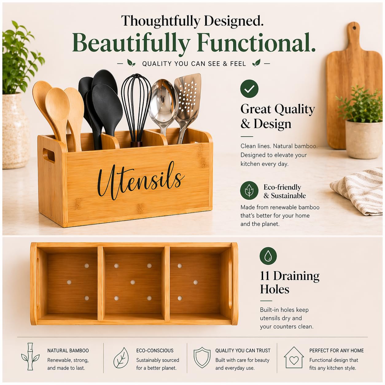 Bamboo Kitchen Utensil Holder for Countertop – Large 3-Compartment Cooking Utensil Organizer & Caddy with Drain Holes, Farmhouse Bamboo Holder for Kitchen Counter, Wood Storage for Spatulas & Spoons