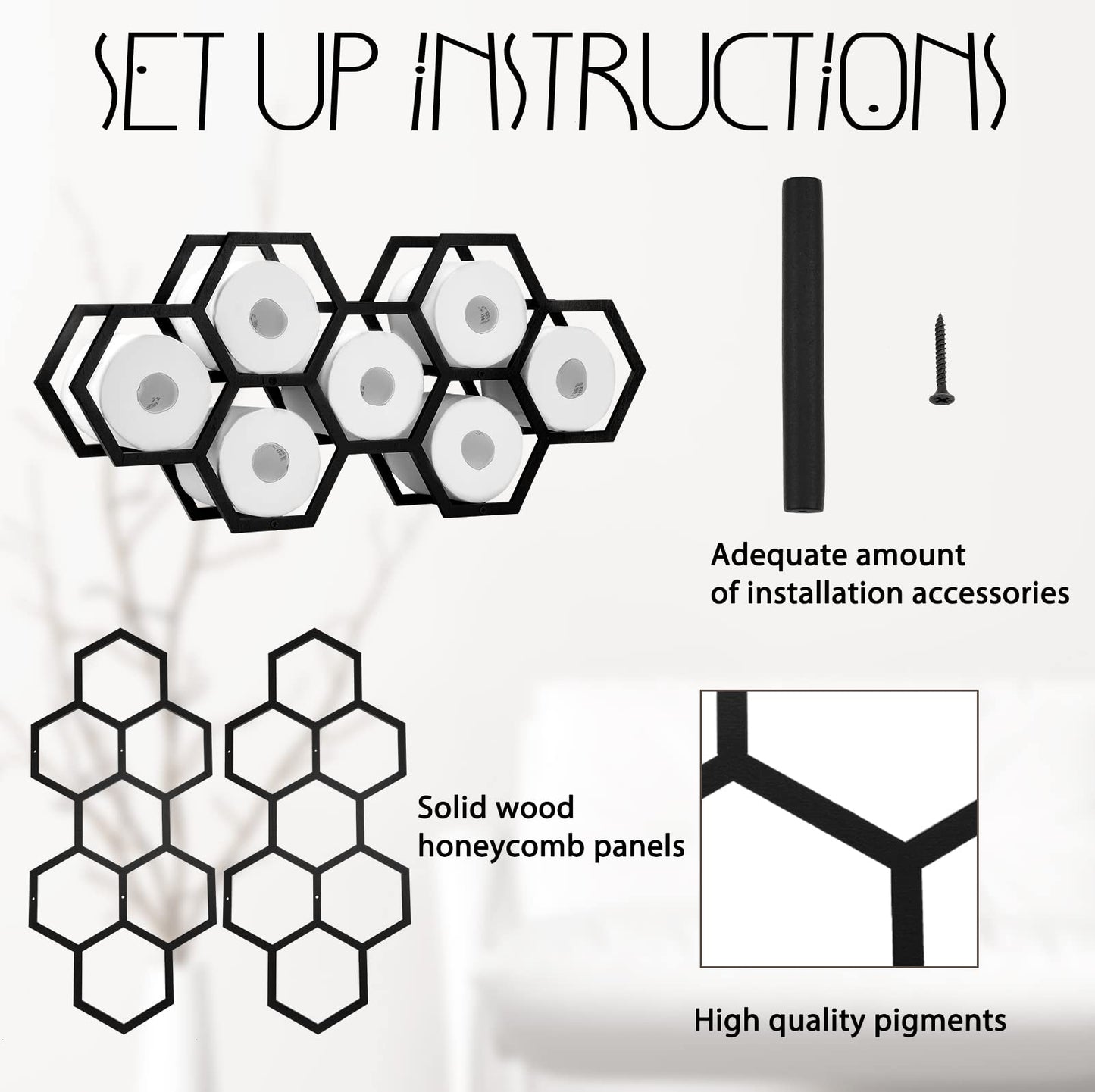 Beeveer Hold 7 Rolls Modern Floating Honeycomb Toilet Paper Holder Stand Modern Wooden Toilet Paper Storage Shelves for Tissue Honeycomb(Black)