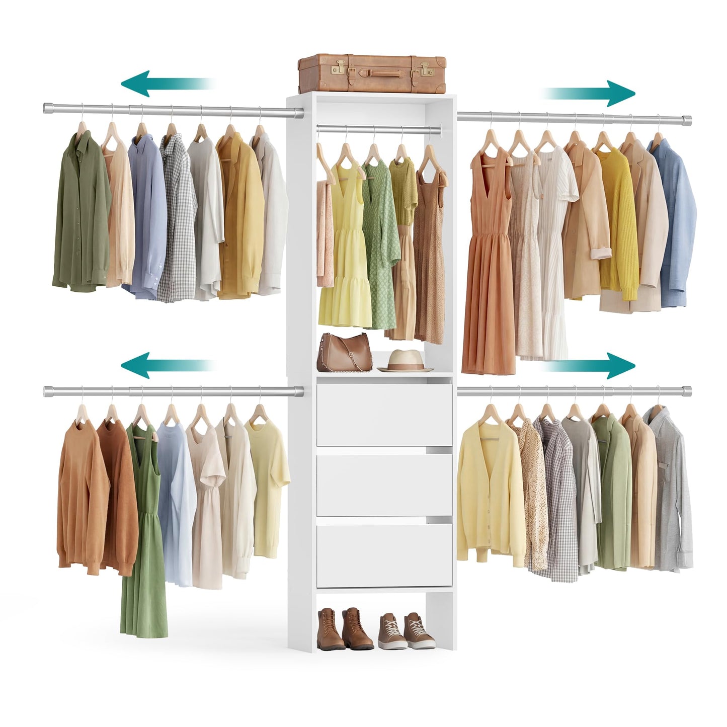 SONGMICS Closet System, Customizable Walk-In Closet Organizer System with Adjustable Hanging Rods and Drawers, White, Fits Spaces 4-9.6 ft Wide URGR042WZ01S