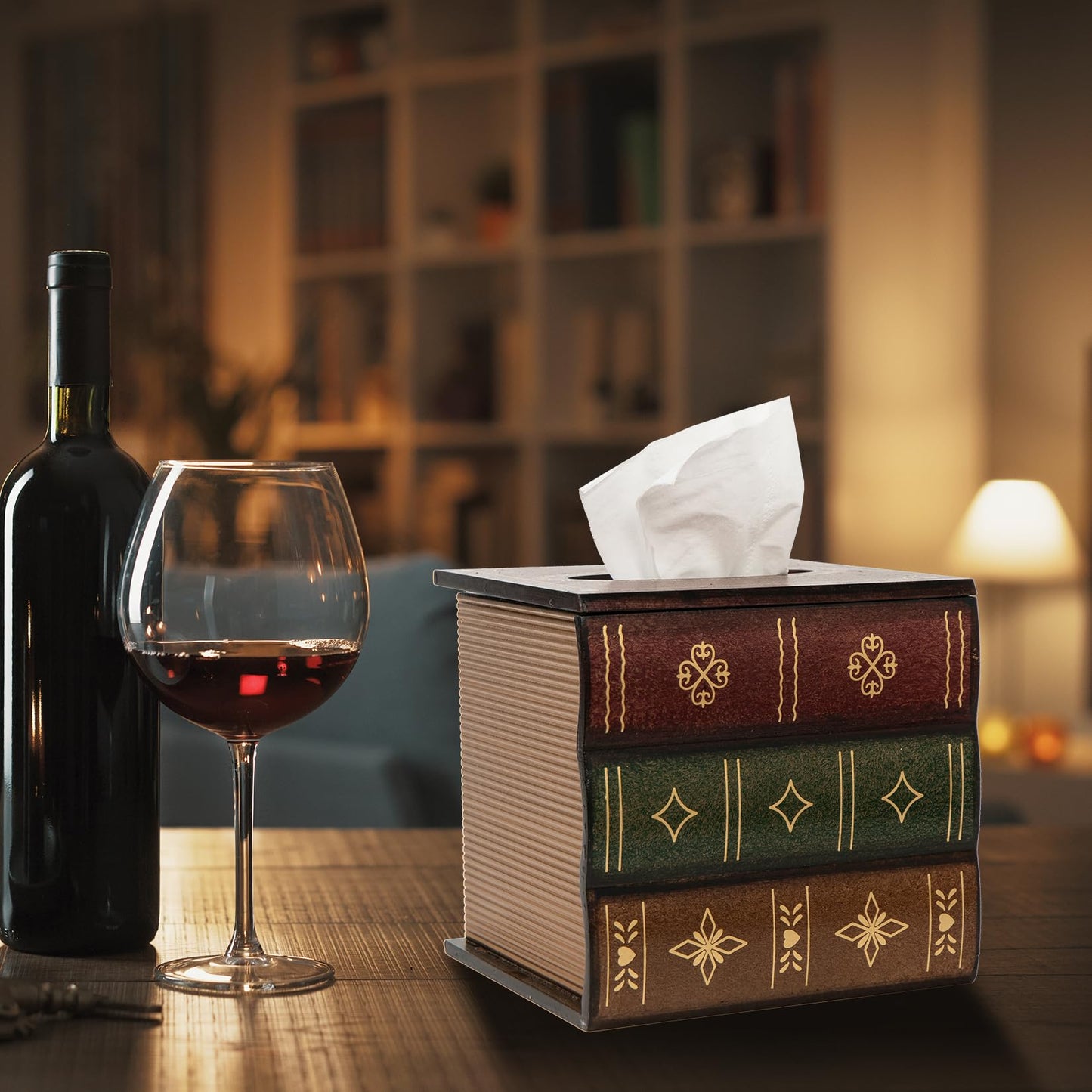 Crafted Classical Retro Wooden Antique Book Tissue Box Cover Tissue Holder Dispenser Paper Cover Case Napkin Holder Home Decor for Bathroom Living Room Office car Kitchen (red Square)