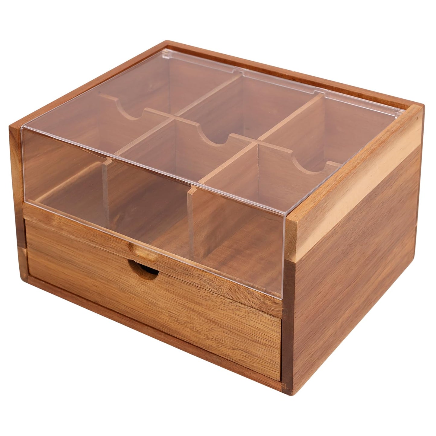 HTB Acacia Wood Tea Organizer 2 Tier with Drawer,Large Capacity
