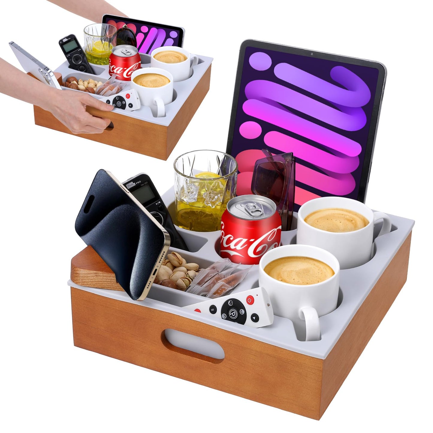 Hanaoyo Couch Cup Holder Tray, Soft Silicone Wooden Couch Caddy with Carrying Handle, Sofa Cup Holder for Bed Car Beach Organizer, Anti-Spill Sofa Cup Holder for Snacks Beverage Remote (Brown)