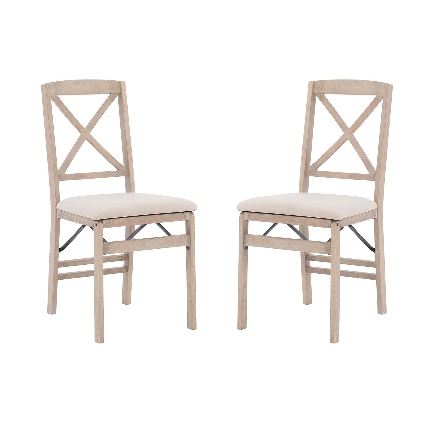 Keira Grey Wash Wooden Folding Chair with Beige Upholstered Seat and Classic Wooden X Back by Linon