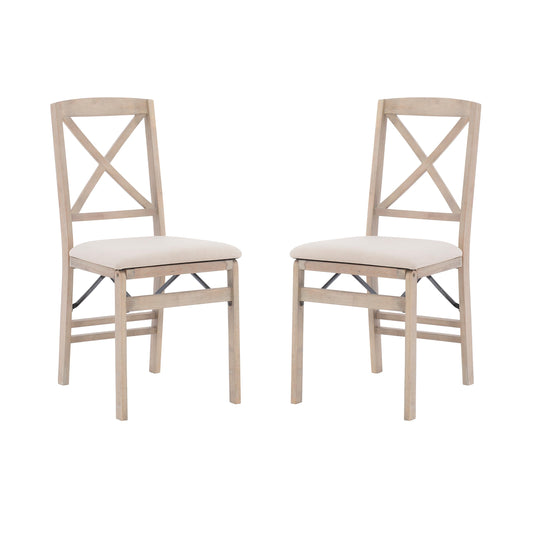 Keira Grey Wash Wooden Folding Chair with Beige Upholstered Seat and Classic Wooden X Back by Linon
