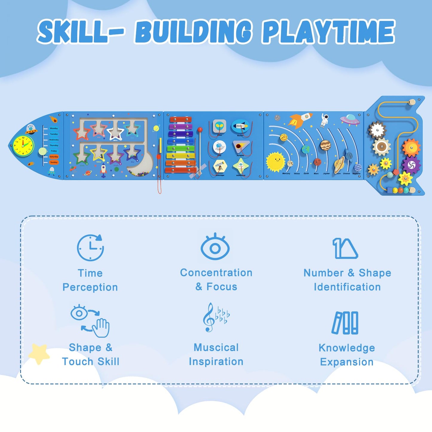 Spacocld Rocket Activity Wall Busy Board Panels - Sensory Wall Panel for Kids, Montessori Toddler Wall Activity Board, Wall Toys for Toddlers 3, Activity Cube, Wooden Multi-Activity Boards, Blue(5PCS)