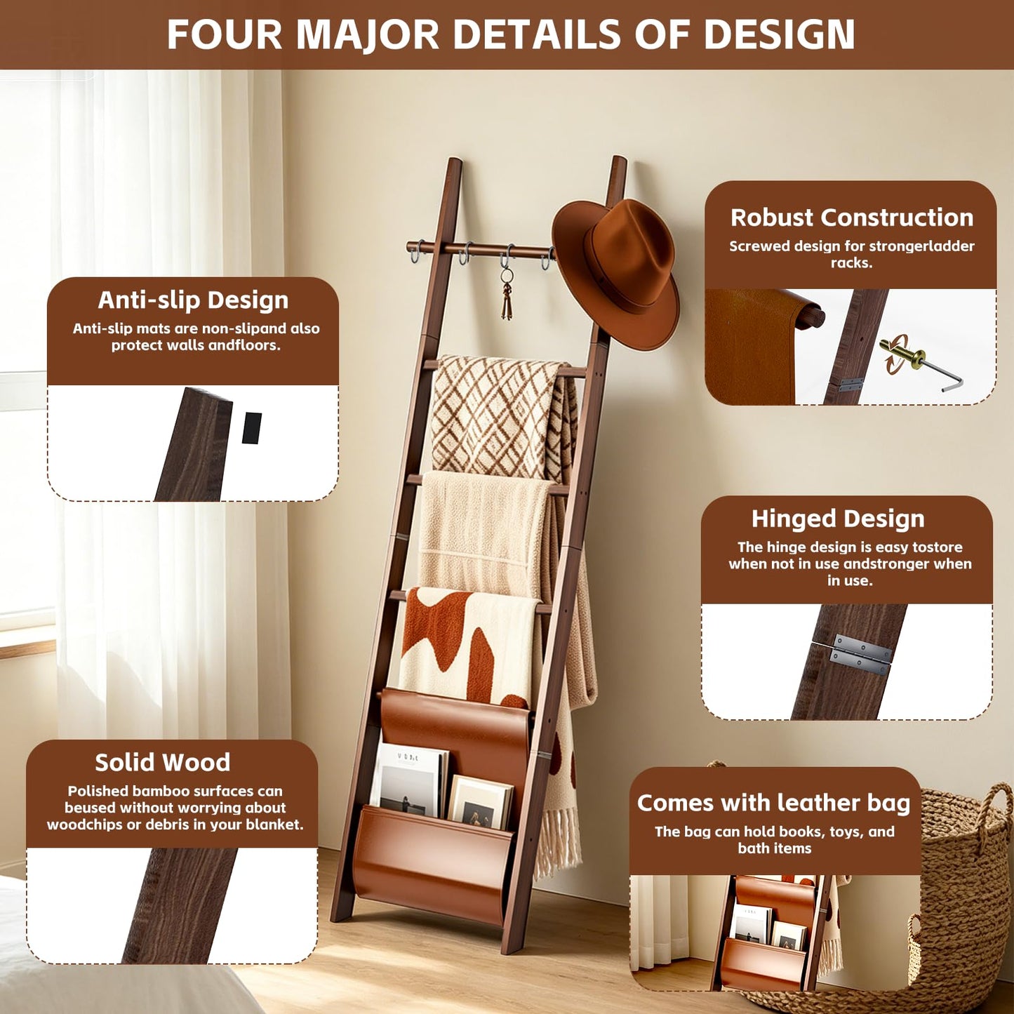 chilinii Wooden Blanket Ladder 6-Tier Farmhouse Rustic Blanket Holder with Synthetic Leather Bag, Decorative Stand with Removable Hooks Quilt Towel Rack for Home Living Room Bedroom Decor Brown