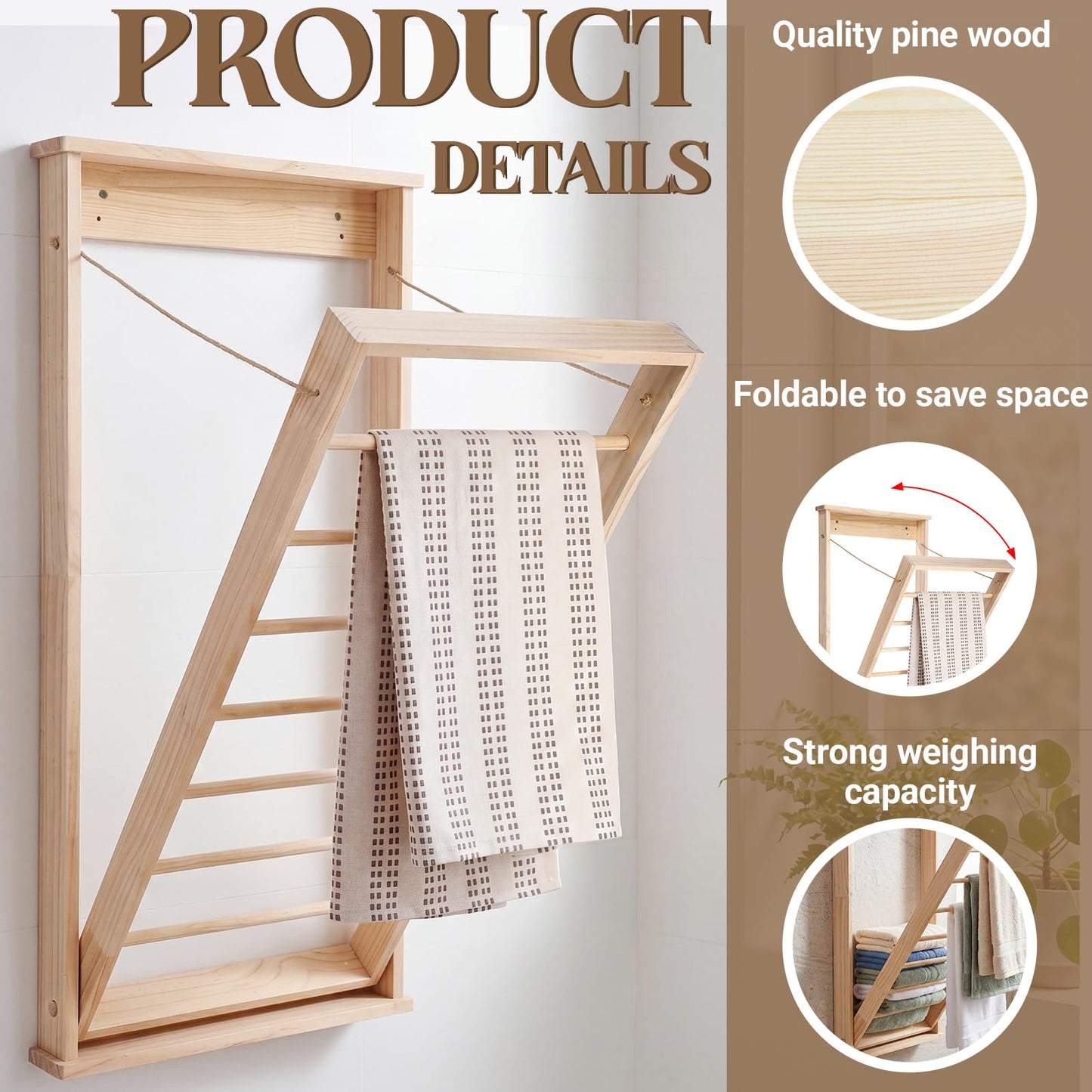 Novabright 1 Pcs Wall Mounted Drying Rack with Wooden Rod, Foldable Space-Saving Hanging Clothes Drying Rack for Laundry Room Storage Bathroom (40 x 19 x 3 Inch,Wood)