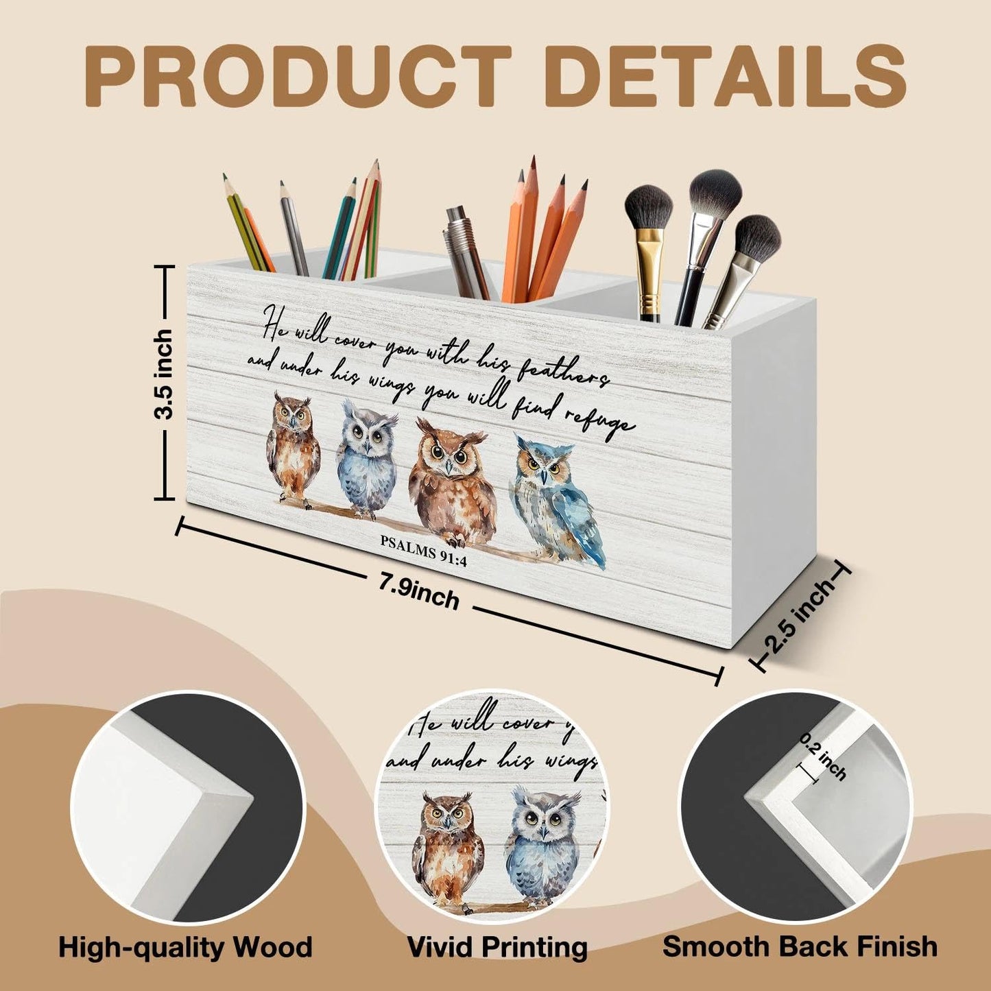 LIANGEAGOM Christian Owl Bird Pen Pencil Holder Organizer for Desk Accessories, Christian Gifts for Women, Owl Gifts, Bible Verse Wooden Box Signs Decorations for Home Office Desk Tabletop