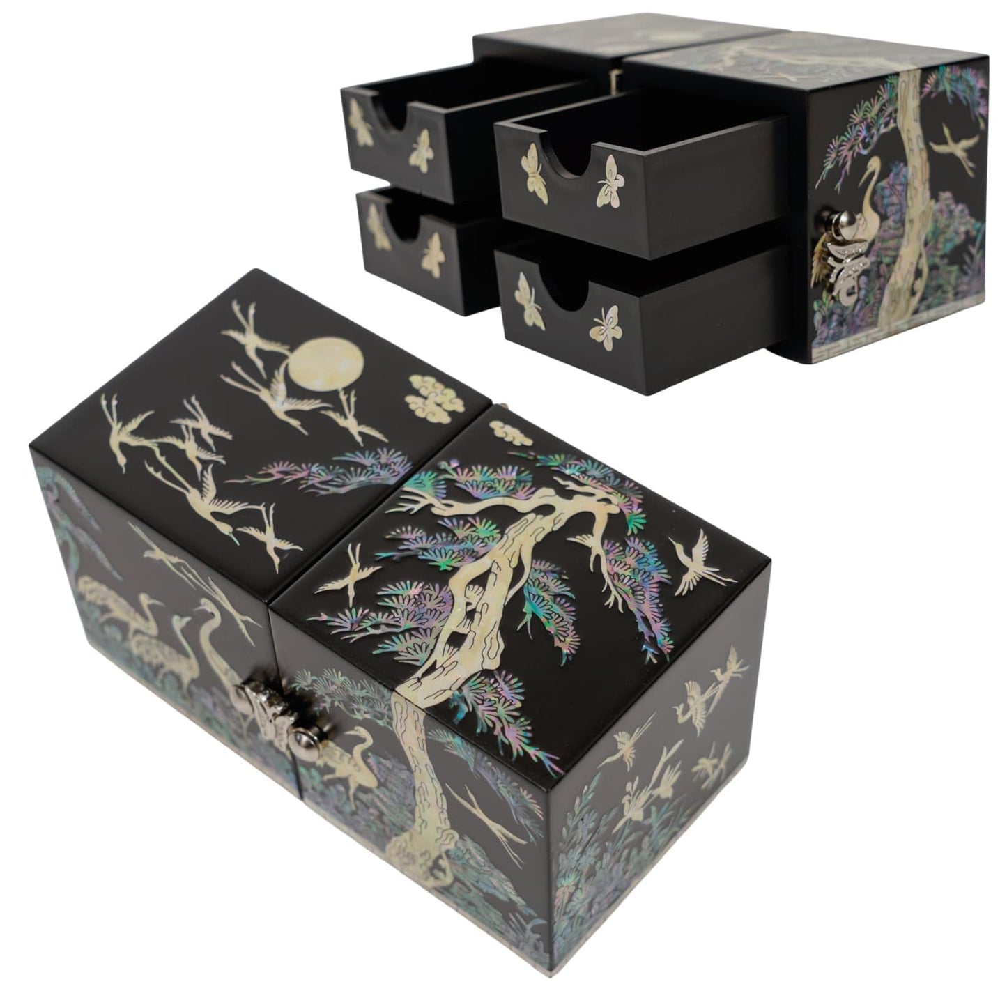 February Mountain Mother of Pearl Sea Shell Inlaid Wooden Cube Jewelry Organizer Box - Perfect for, Bracelets, Trinkets, Watches, Earrings, Chains & Accessories