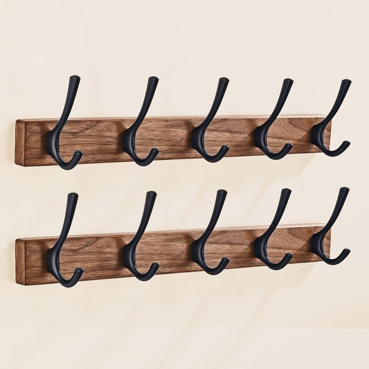 LECHYN 2 Pack 17.3" Small Walnut Wood Coat Rack Wall Mount with 5 Hooks, Heavy Duty Wooden Jacket Hanger Door Mounted for Decorative Entryway and Bathroom Hanging Towel Backpack Purse Clothes Hat Key