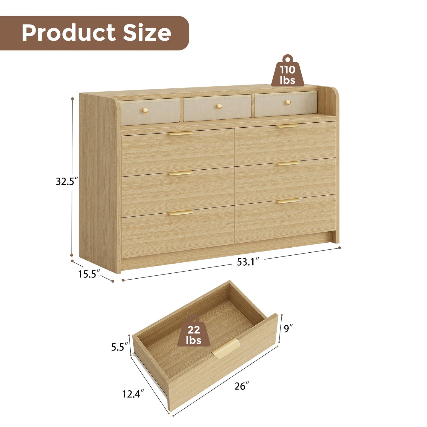 MapleGrace 53'' Wide 9 Drawer Dresser for Bedroom, Wood TV Stand Dresser with Power Outlets & LED Light, Chest of Drawers Closet Store Organizer for Living Room, Hallway, White