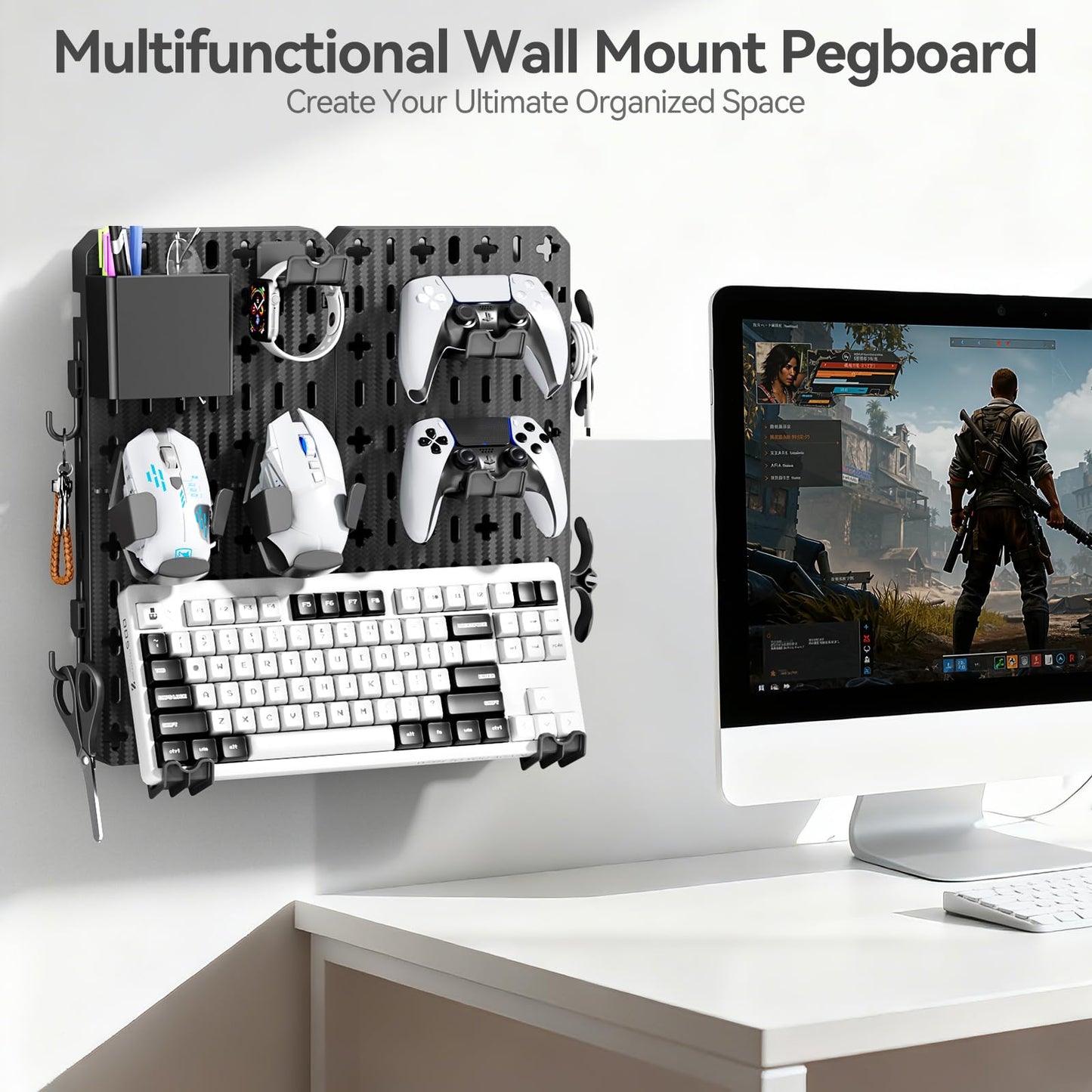 KDD Keyboard and Mouse Display Stand Holder, Wall Mount Office Organization Pegboard Combination Kit with Pen holder, Hooks, Headset & Controller Stand for Office & Home Hanging Organizer Storage