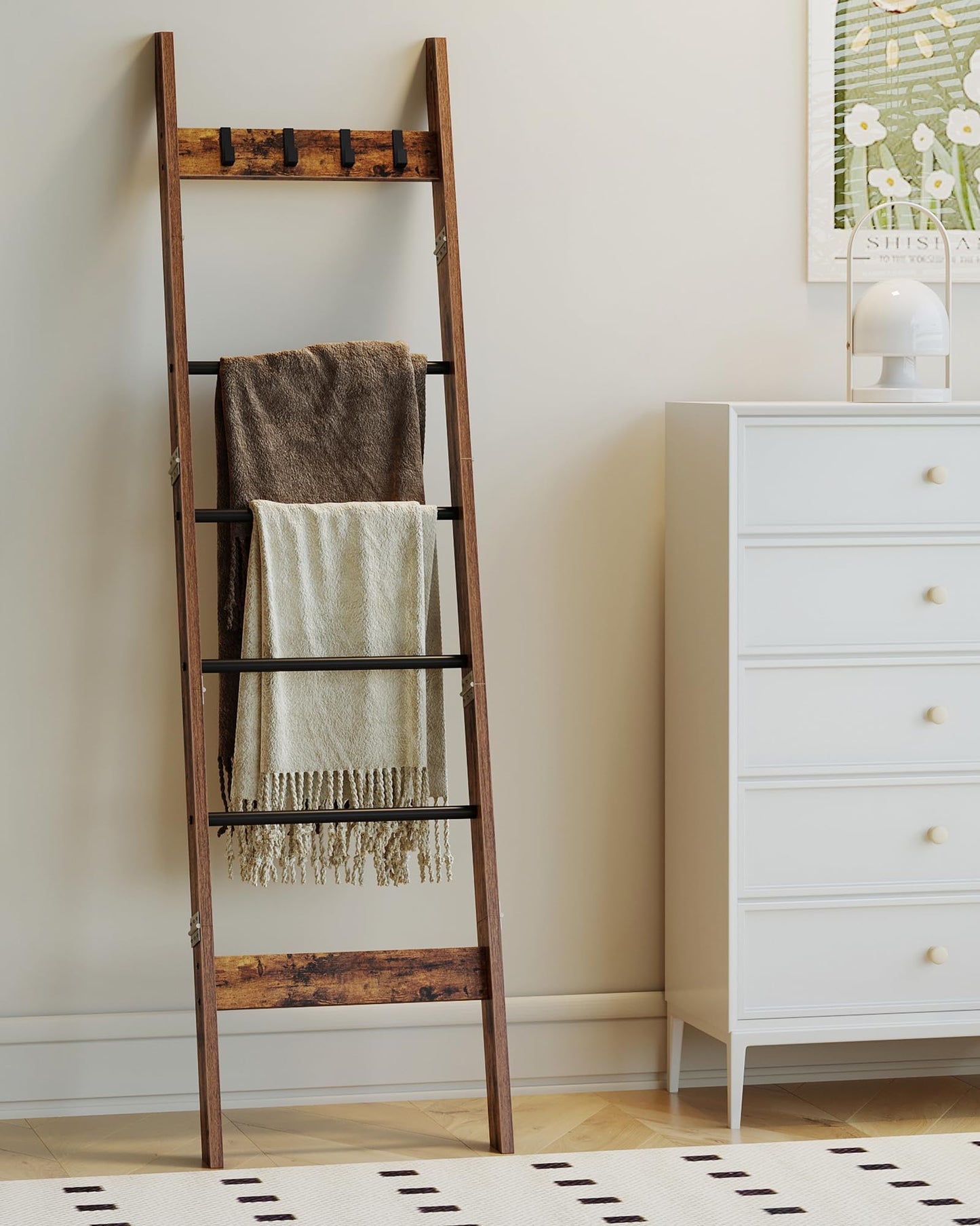 Hzuaneri Blanket Ladder for Living Room, Decorative Quilt Rack with 4 Removable Hooks, 5-Tier Farmhouse Ladder Holder Shelf Organizer for Bedroom, Rustic Brown and Black BR31501B