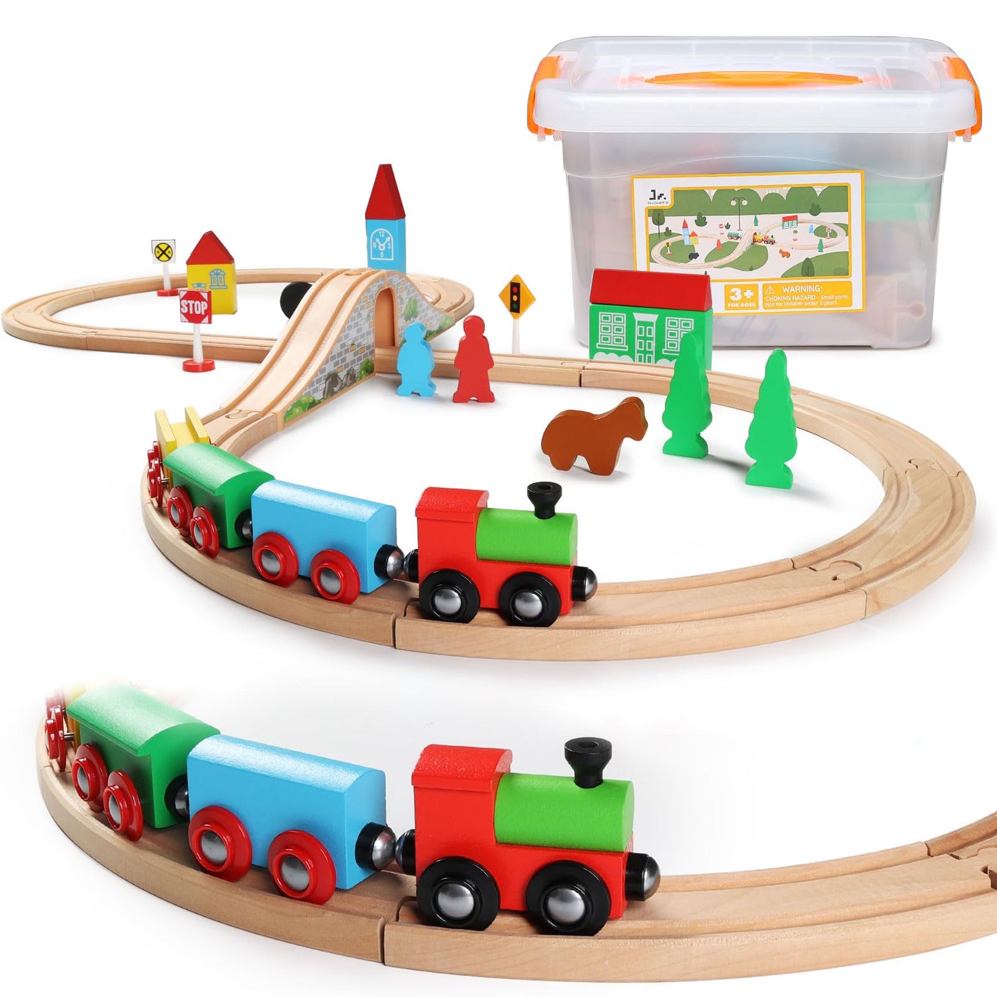 SainSmart Jr. Wooden Train Set for Toddler with Double-Side Train Tracks Fits Brio, Thomas, Melissa and Doug, Kids Wood Toy Train for 3,4,5 Year Old Boys and Girls (Small Town with Container)