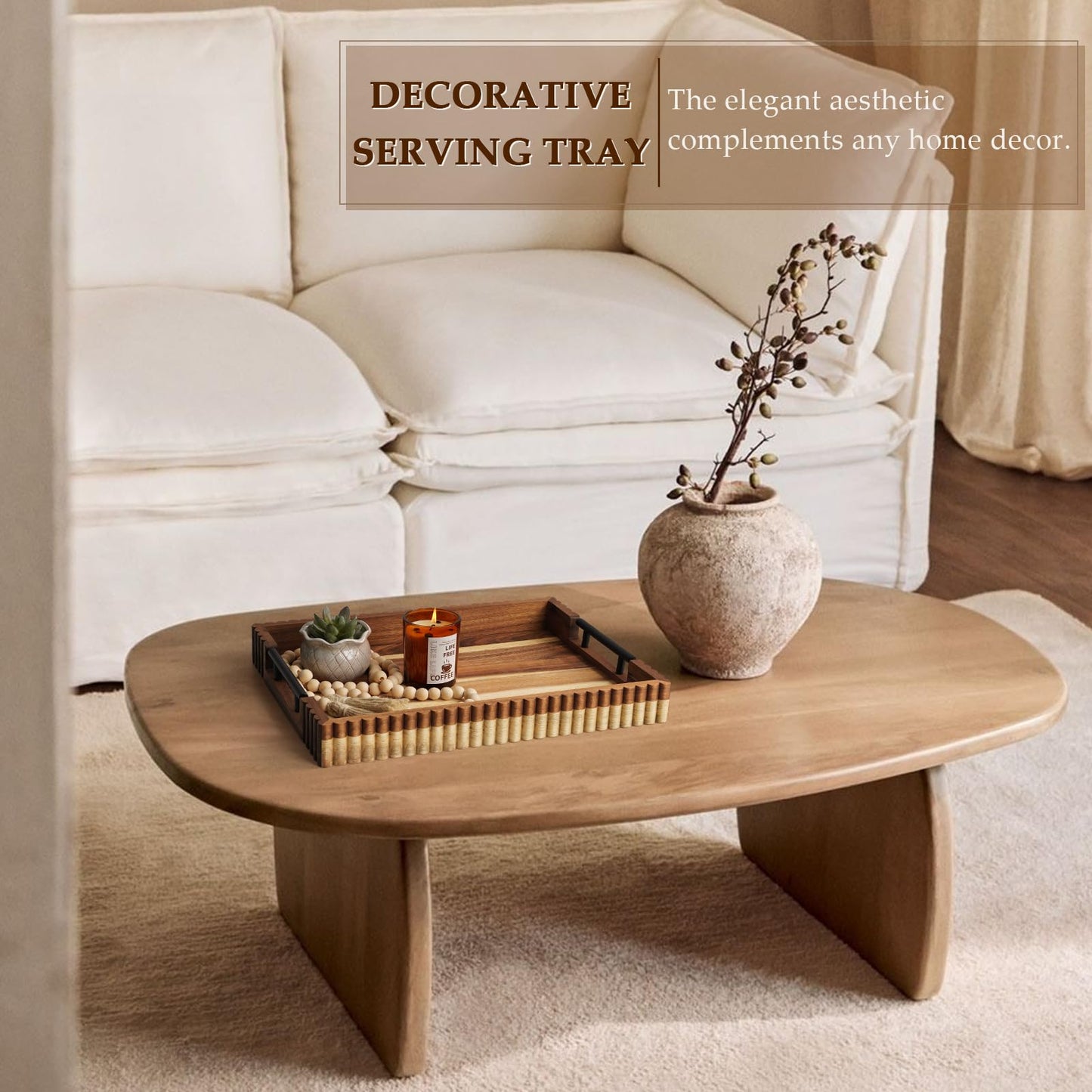 Cathyeen Acacia Wood Decorative Serving Tray with Handles, 16.7" x 12.8" Large Wooden Ottoman Tray for Living Room, Coffee Table Tray Decor for Food, Dinner, Tea or Breakfast in Bed (Natural)