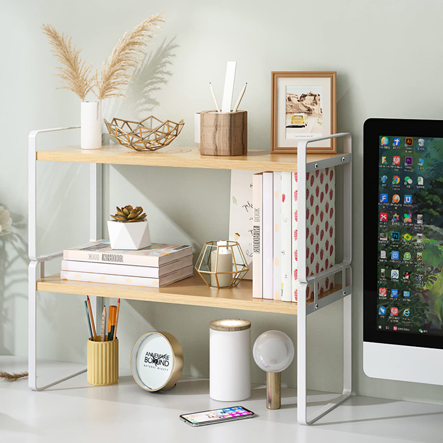 YGYQZ Desk Shelf Organizer for Top of Desk, Detachable 2 Tier Desktop Bookshelf, Wooden Desk Shelves Storage Rack, Small Desktop Shelf for Office Home Dorm, Tabletop Desk Organizer Stand (White Wood)