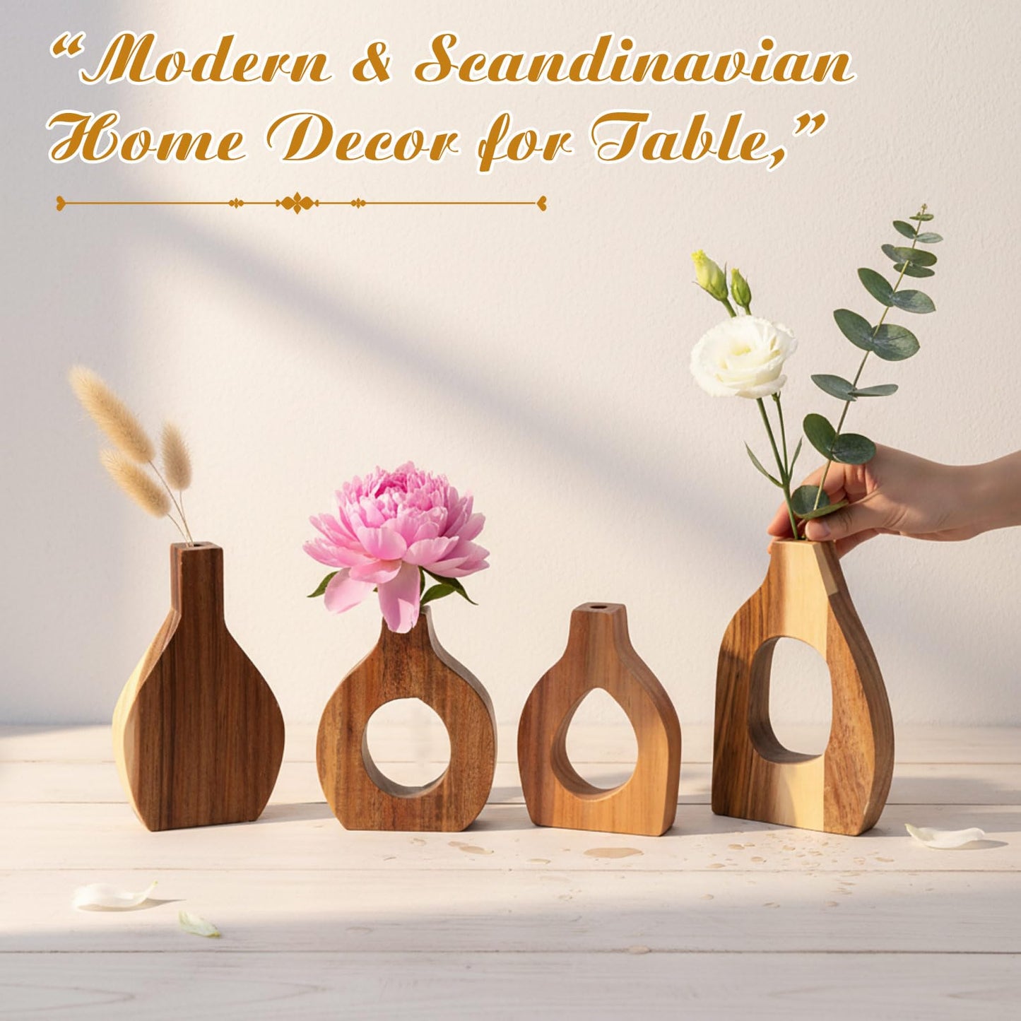 Blulu Set of 12 Small Wooden Vases Bulk for Centerpiece Mini Acacia Wood Vase for Faux Flowers Housewarming Gift Boho Minimalist Home Decor for Kitchen Table Living Room(Natural)