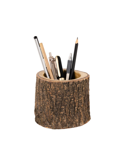 Mie Creations Rustic Wood Pencil Cup Pen Holder for Table, Vintage Antique Wooden Office Desktop Stationary Organizer, Cute Retro Desk Accessories, Farmhouse Decorative Mango Wood Log Pen Stand- 4''