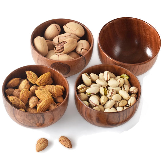 Kanhaom Small Wooden Bowls and Spoons, 10oz. Portion Control Bowls for Snack, Dessert, Japanese Serving Bowls for Rice, Soup, Solid Wood Bowls for Decor (4 Bowls - 4.1IN)