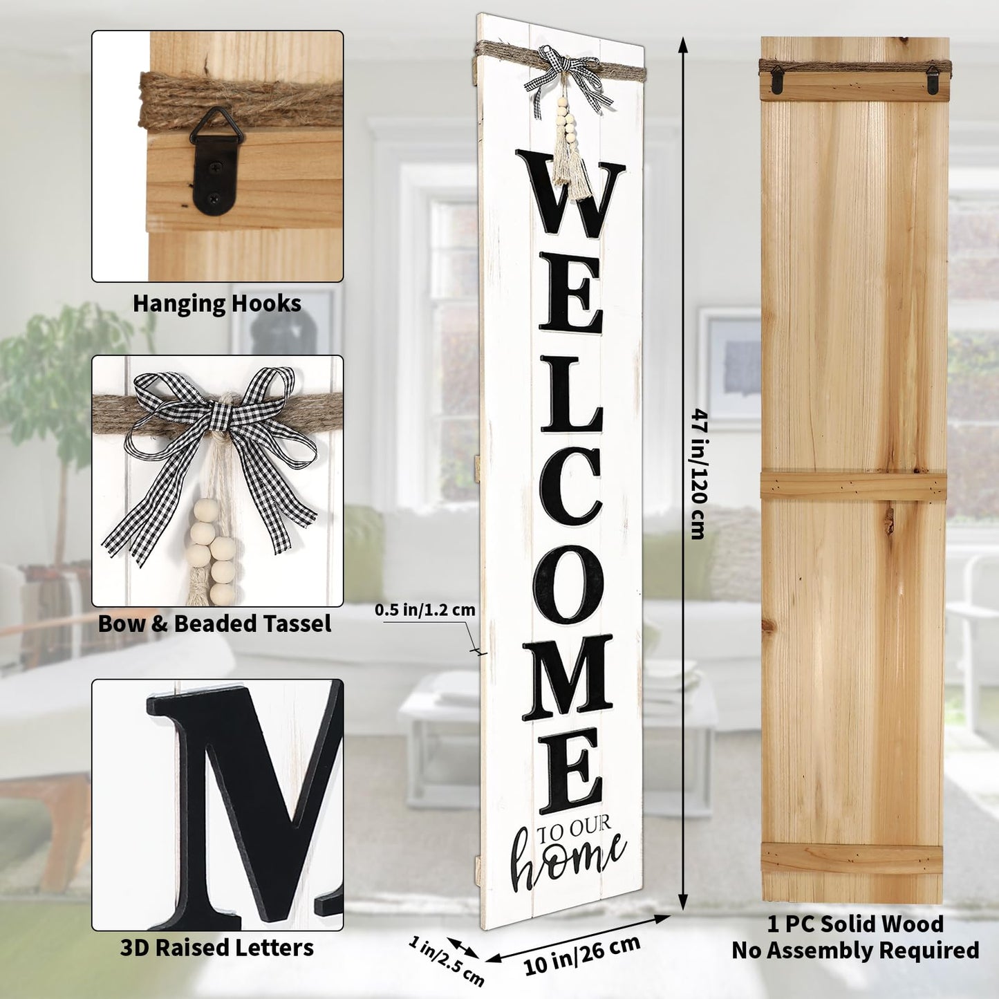 MODE HOME Large Vertical Welcome Sign for Front Door Porch, 47x10 Inch Solid Wood Farmhouse Porch Decor, 3D Raised Letters Rustic Welcome to Our Home Sign with Beads & Bow, No Assembly Required, Whitewashed