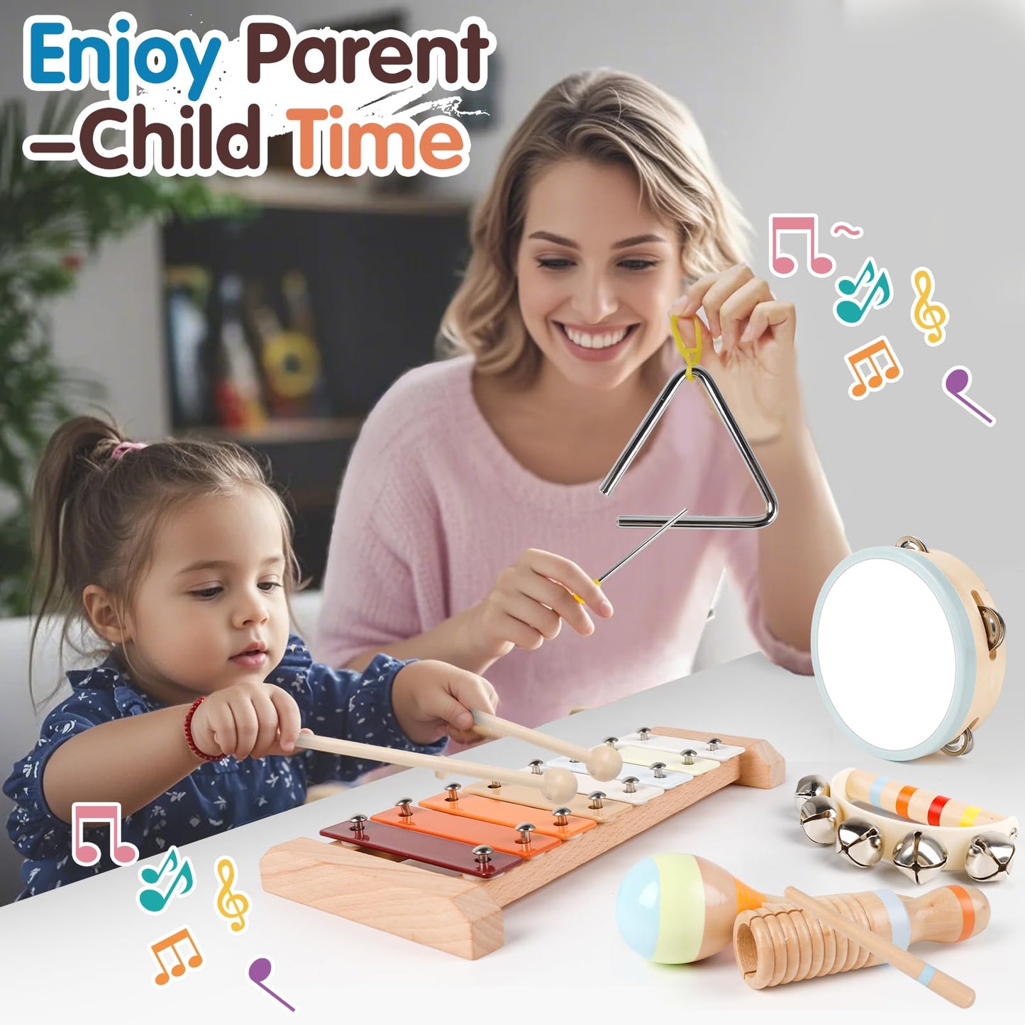 Wooden Toddler Musical Instruments Set, 9PCS Kids Montessori Toys, Baby Toys with Xylophone & Drum, Educational Gift for Ages 3 4 5 6Year Olds