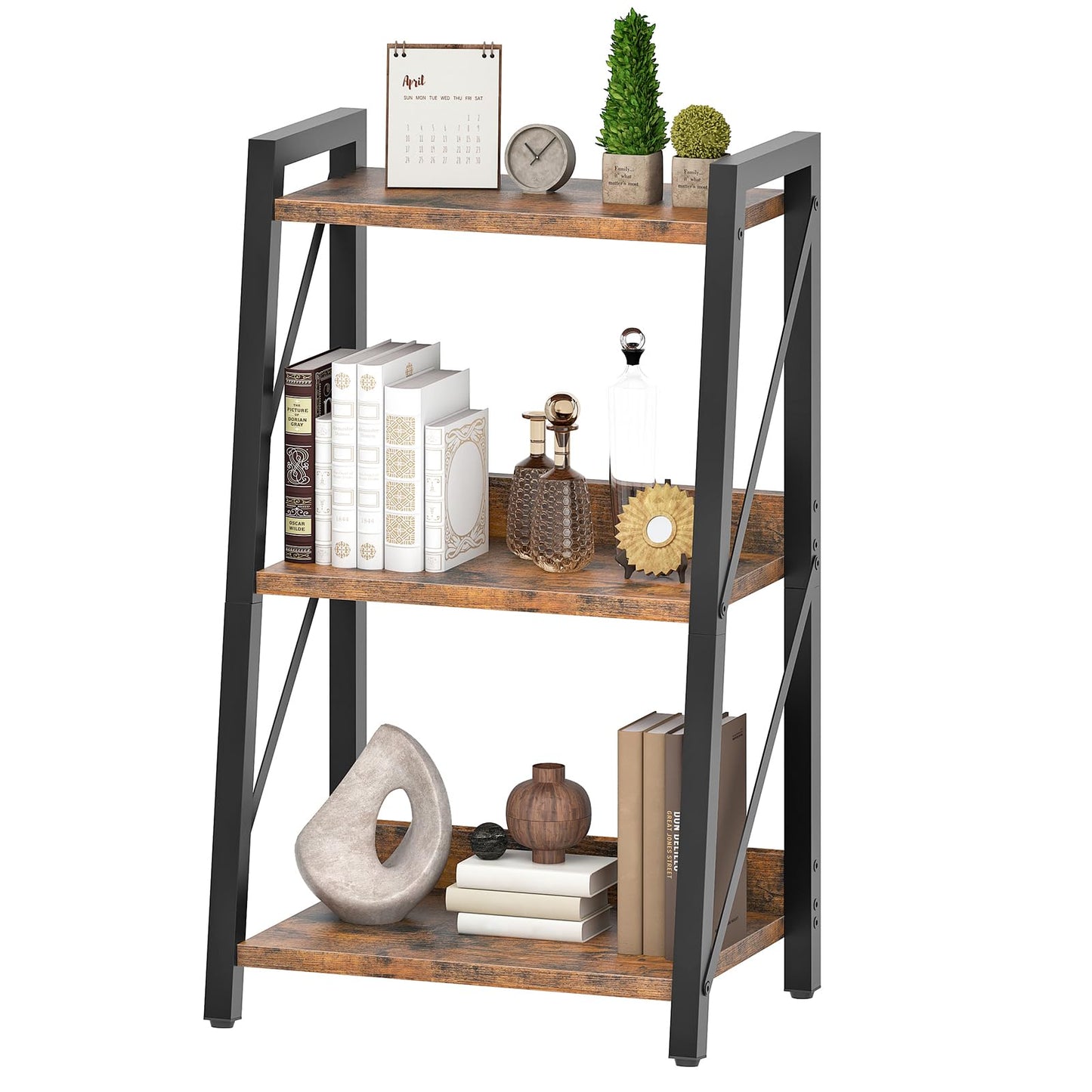 HOOBRO Ladder Shelf, 3-Tier Bookshelf, Corner Bookcase, Small Bookshelf with Metal Frame, for Living Room, Bedroom, Home Office, Kitchen, Rustic Brown and Black BF303CJ01