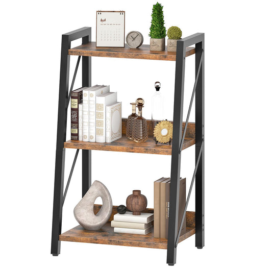 HOOBRO Ladder Shelf, 3-Tier Bookshelf, Corner Bookcase, Small Bookshelf with Metal Frame, for Living Room, Bedroom, Home Office, Kitchen, Rustic Brown and Black BF303CJ01