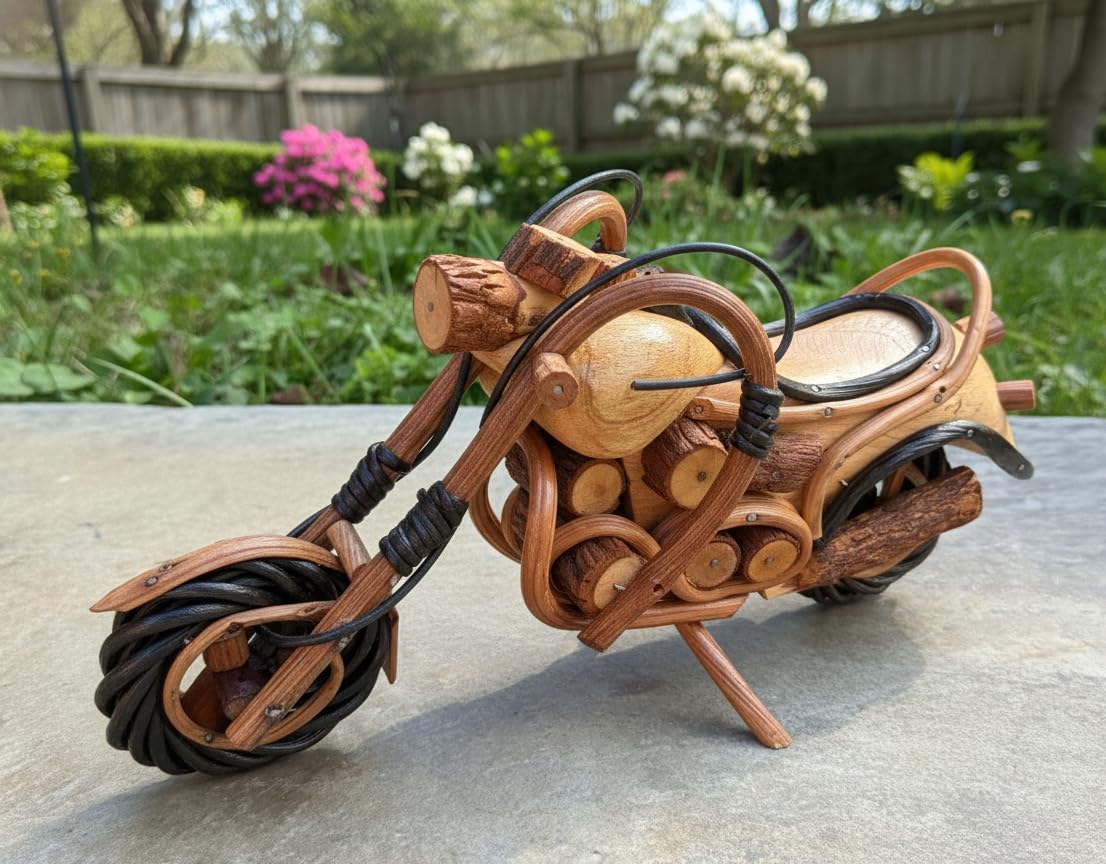 Land of Simple Treasures Wooden Motorcycle Model Decorations for Home - Handmade Motorcycle Figurine Wood Harley Chopper Collectible Sculpture - 9.5 Inches