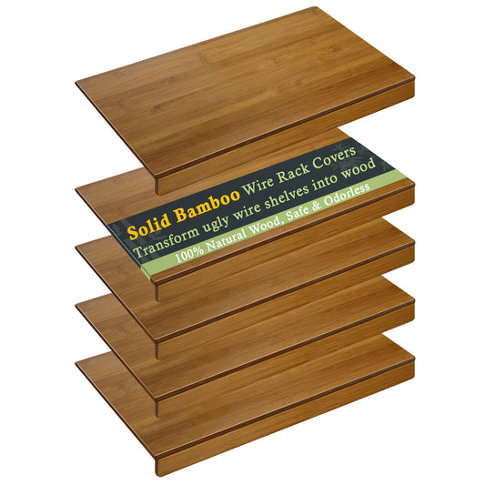 Fobyni Solid Carbonized Bamboo Wire Shelf Covers for Wire Shelving, Wire Rack Covers for Pantry Shelves, Tool-Free & Snap-On (5pcs, 24" W x 12" D)