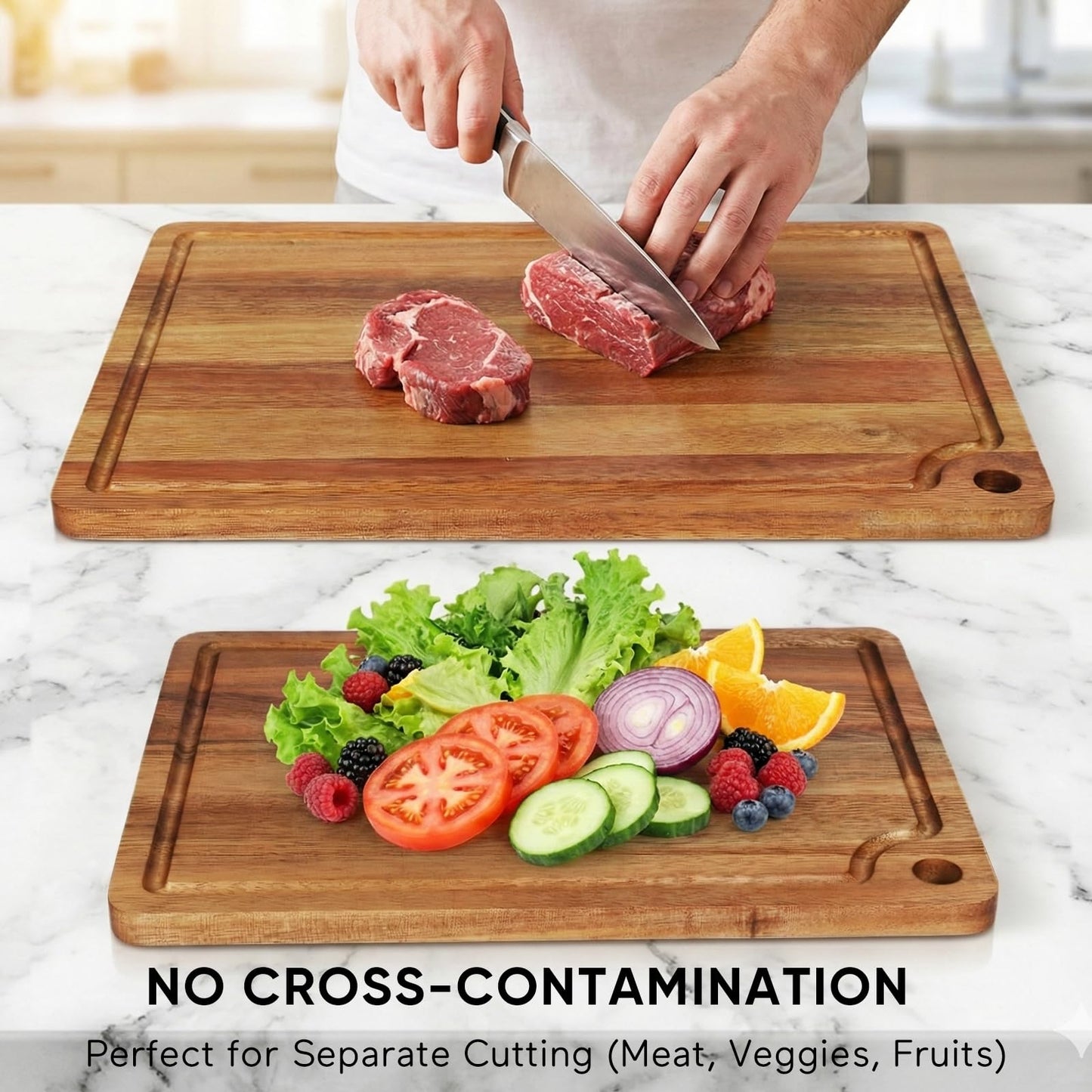 Acacia Wood Cutting Board Set of 2 with Storage Stand,Wooden Chopping Boards with Drying Holder， Deep Juice Grooves & Hanging Holes, Reversible Charcuterie Boards, Housewarming Gift