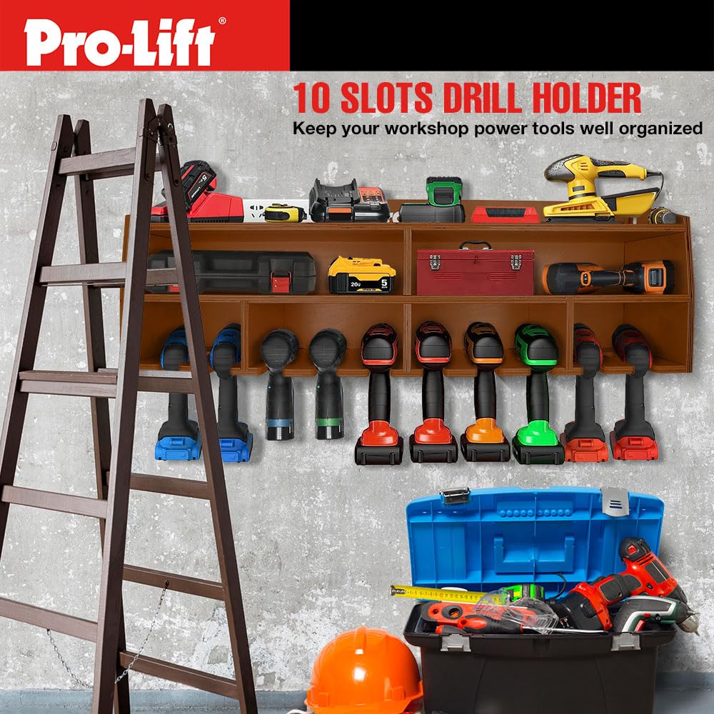 Pro Lift Cordless Drill Organizer – wall mount power tool storage rack, 10 hanging slots, wooden M-005W2
