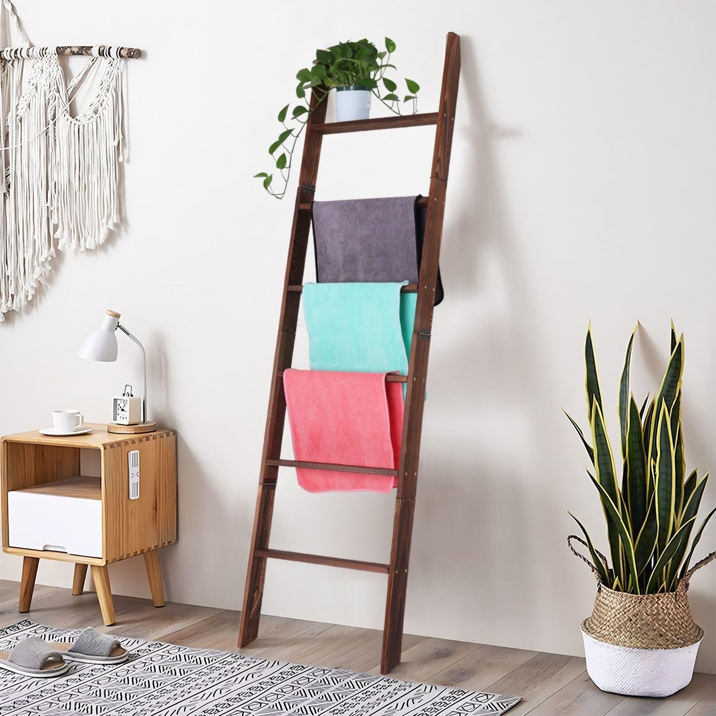 Zelbuck Blanket Ladder for Living Room and Bedroom,6-Tier Decorative Display Ladder Shelf,Ladder Rack for Storage and Decor,Wall Leaning Farmhouse Blanket Storage,Towel Rack, Bathroom,Brown