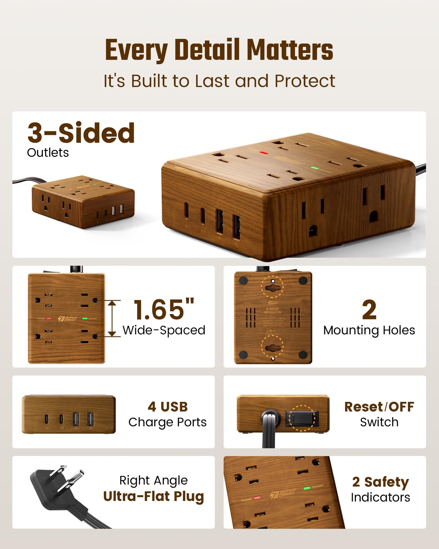 Brown Extension Cord 10Ft, Flat Plug Power Strip Surge Protector, 8 Outlets & 4 USB Ports (2 USB C), Desktop Charging Station Hidden Behind Furniture, Decorative Office Desk Accessories (Walnut Wood)