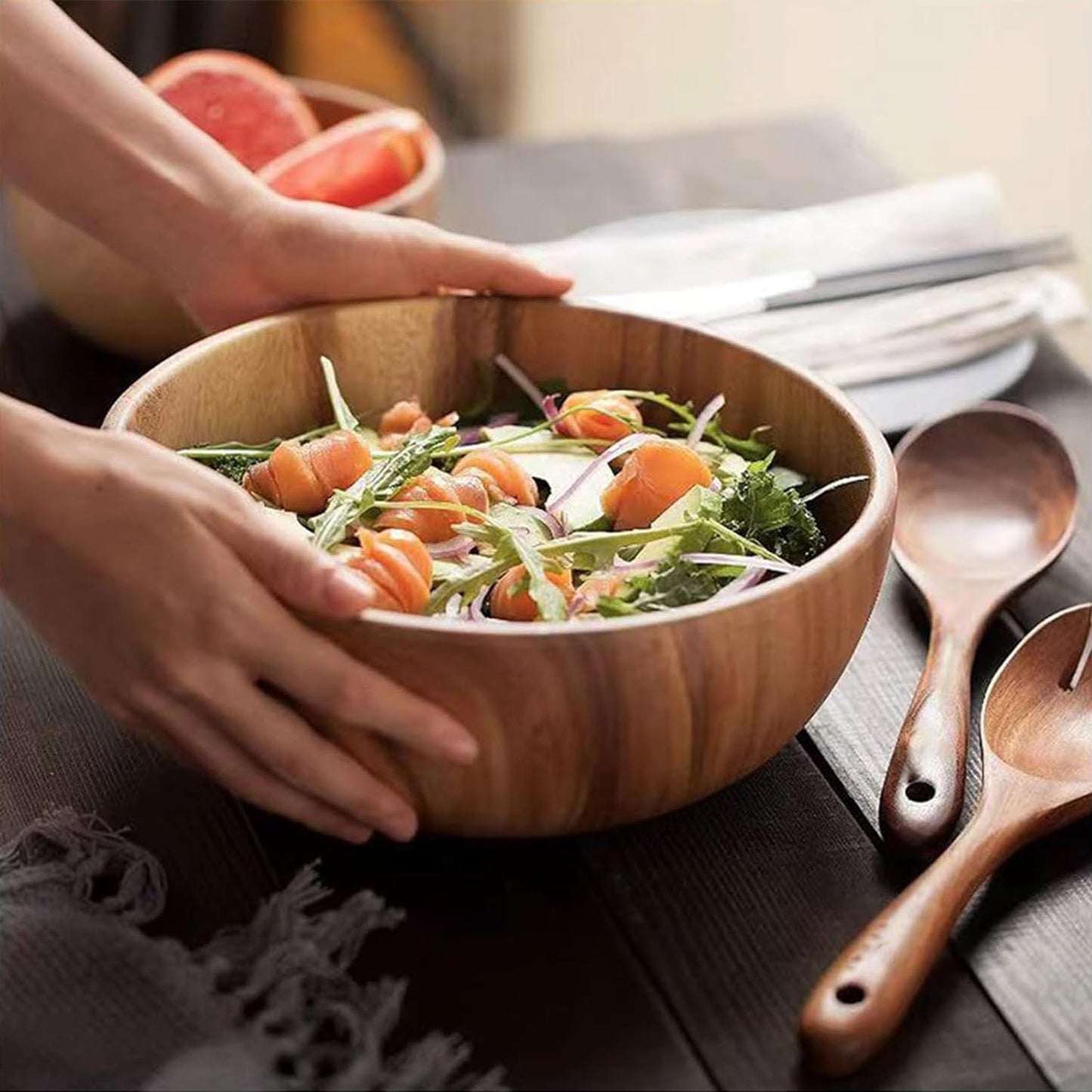 YXE Wooden Salad Bowl Set, 9.45 inch*2.75 inch Acacia Wood Large Salad Serving Bowl with Salad Spoon and fork for Mixing Fruits Cereal Pasta Salad,Pasta-(3 Piece Large Salad Bowl Set) (1, 9.45in)