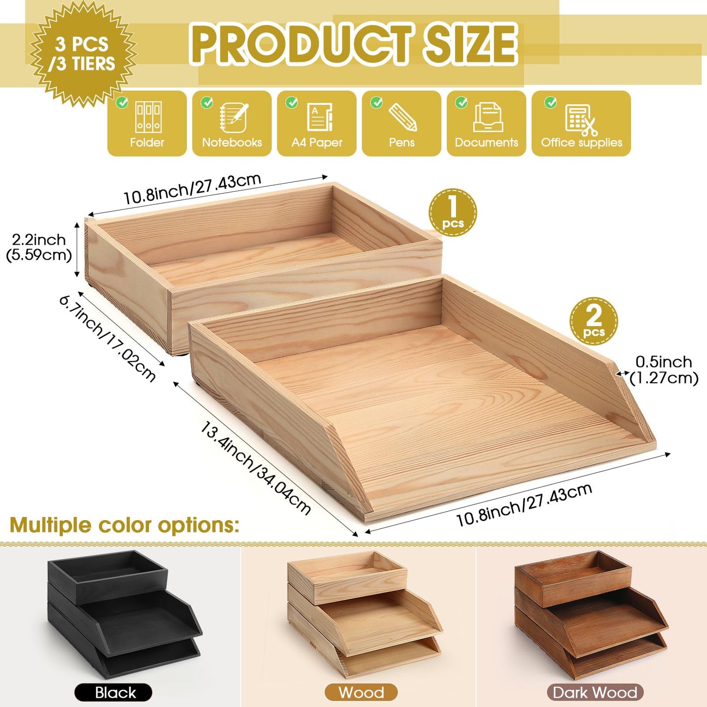 Beeveer 3 Pcs Wooden Letter Tray Wood Letter-Size Desk Organizer Heavy Duty 3 Tier Stackable Support Paper Tray Tabletop Inbox Drawer Desktop File Folder Magazine Office Back to School(Light Brown)