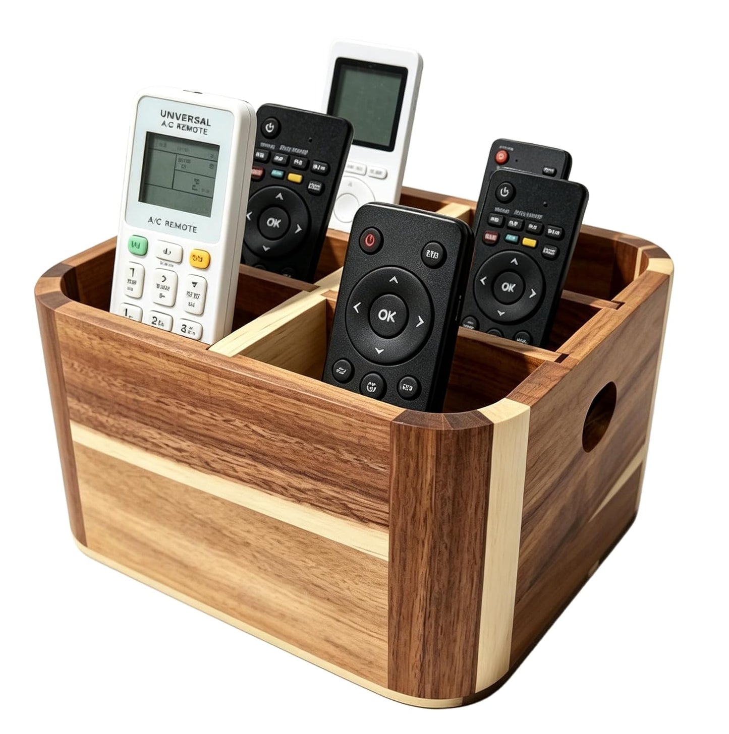 LEEBICHEN Remote Control Holder, Acacia Wood TV Remote Holder with 5 Adjustable Dividers, Desk Organizer for Remotes, Office Supplies, Coffee Table, Living Room, Bedroom, Nightstand