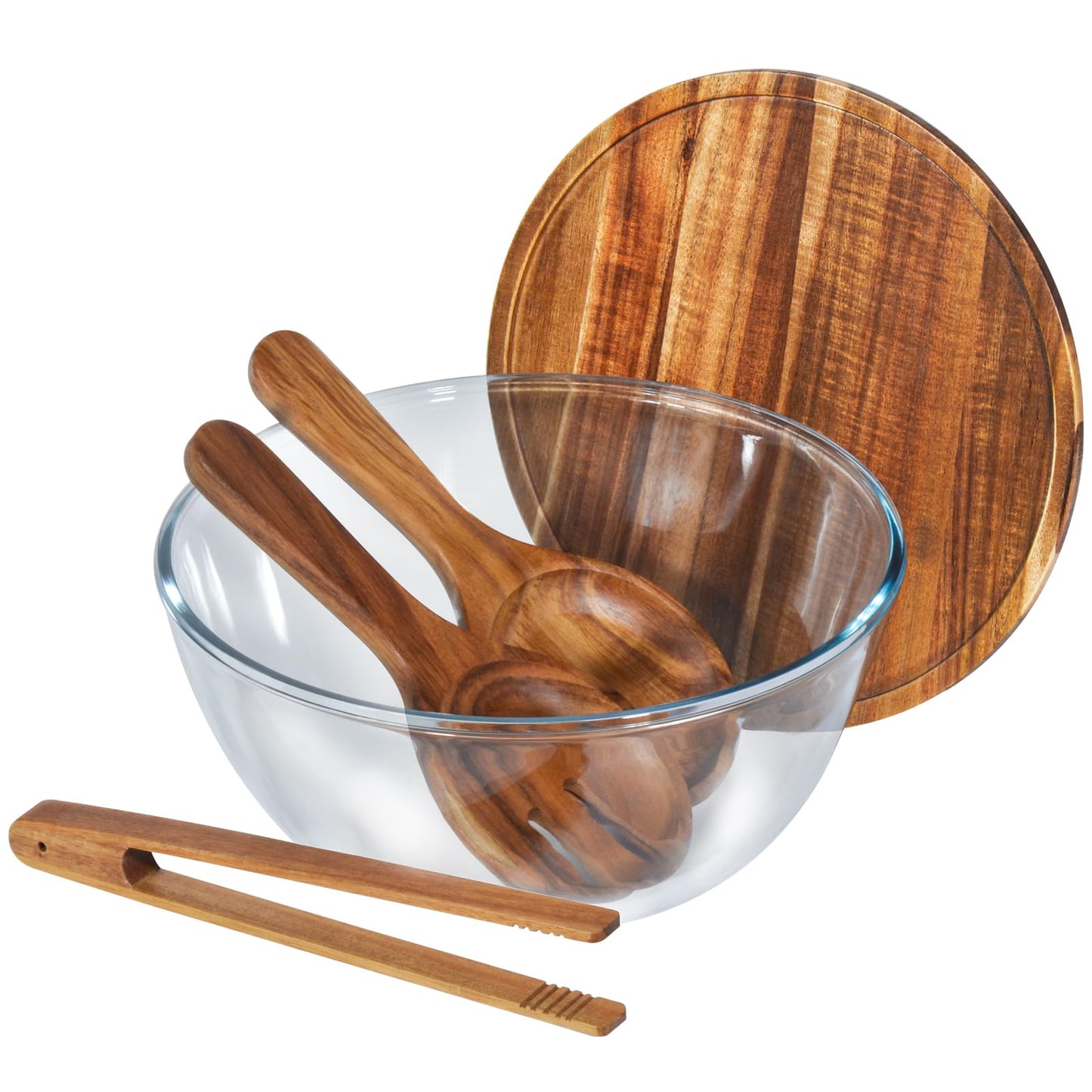 Anyvape Glass Salad Bowl Set, 4.8QT with Acacia Wood Lid & Utensils