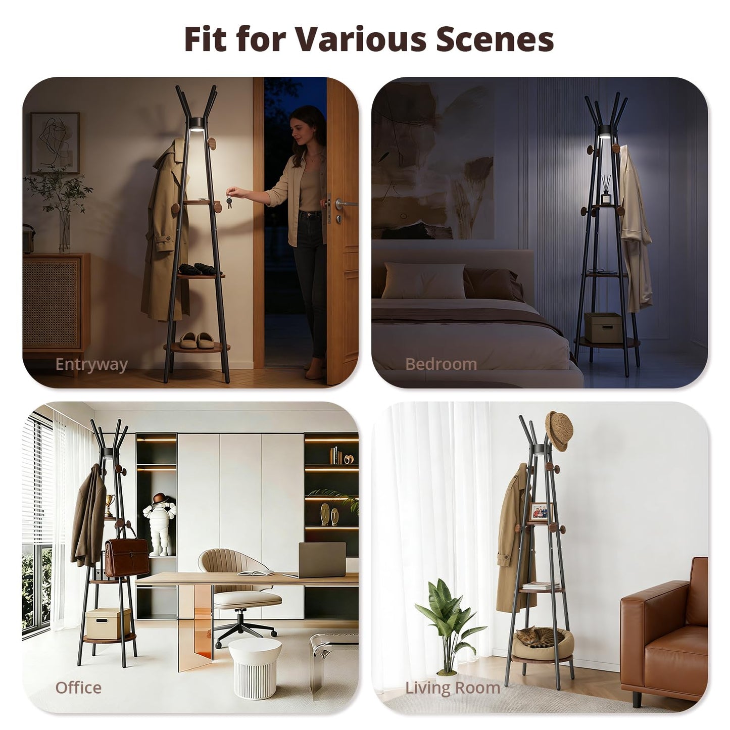 young master Coat Rack, Freestanding Coat Rack with 3 Shelves and 12 Hooks, Coat tree with Motion Sensor Light for Entryway, Livingroom, Hall Tree Free Standing for Coats, Scarves, Handbags, Black