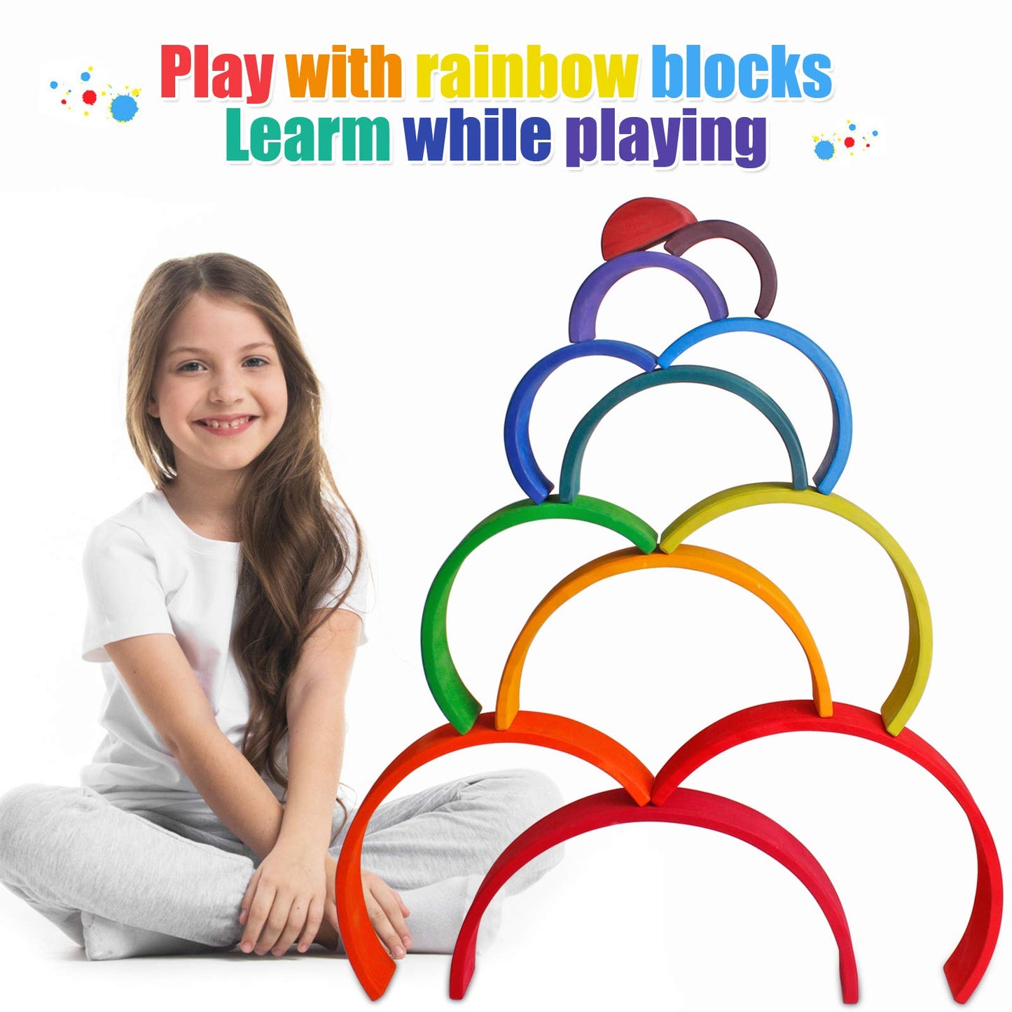 Dinhon Wooden Rainbow Stacking Toys, 12 Pcs Wood Building Blocks Set Wooden Building Blocks Nesting Puzzles, Early Matching Educational Learning Montessori Toys for Kids 3 4 5 6 Years and Up