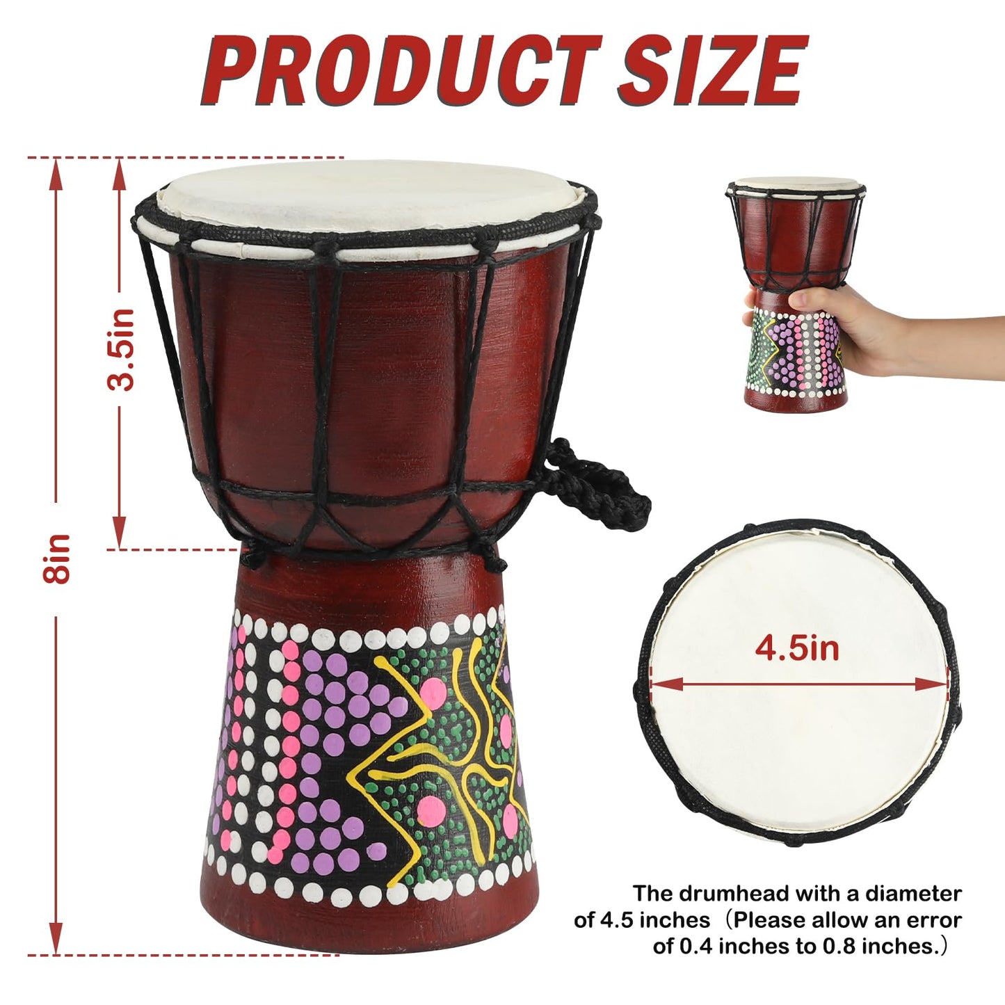 GOGHOST Mini Wood Djembe Drum, 4.5'' x 8''Carved Mahogany African Drums with Goatskin Drumhead, West African Styled Professional Small Djembe Hand Drum Musical Instruments for Beginners