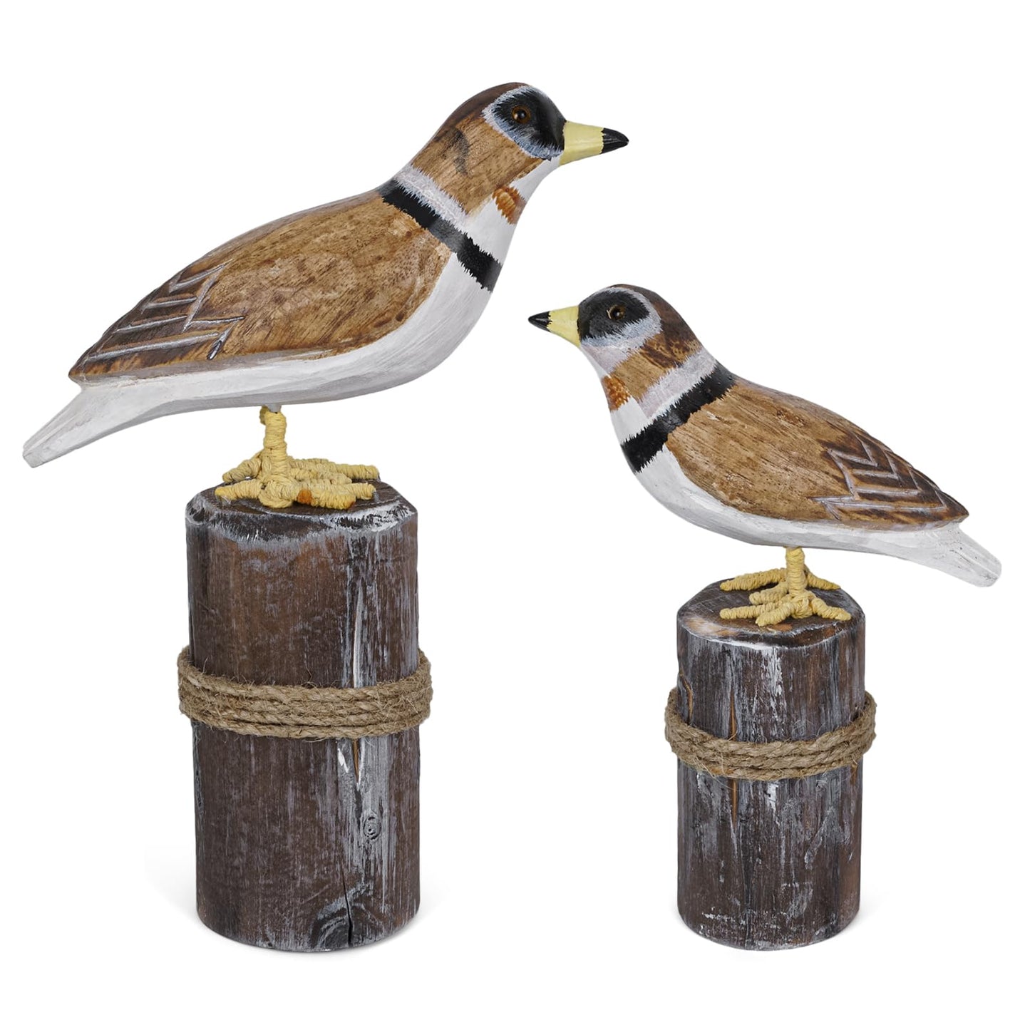 SANMENMO Hand-Carved Wooden Shorebird Decor – Set of 2 Seabird Figurines on Rustic Wood Posts, Coastal Nautical Theme Tabletop Ornaments for Home, Shelf, or Beach House Decor