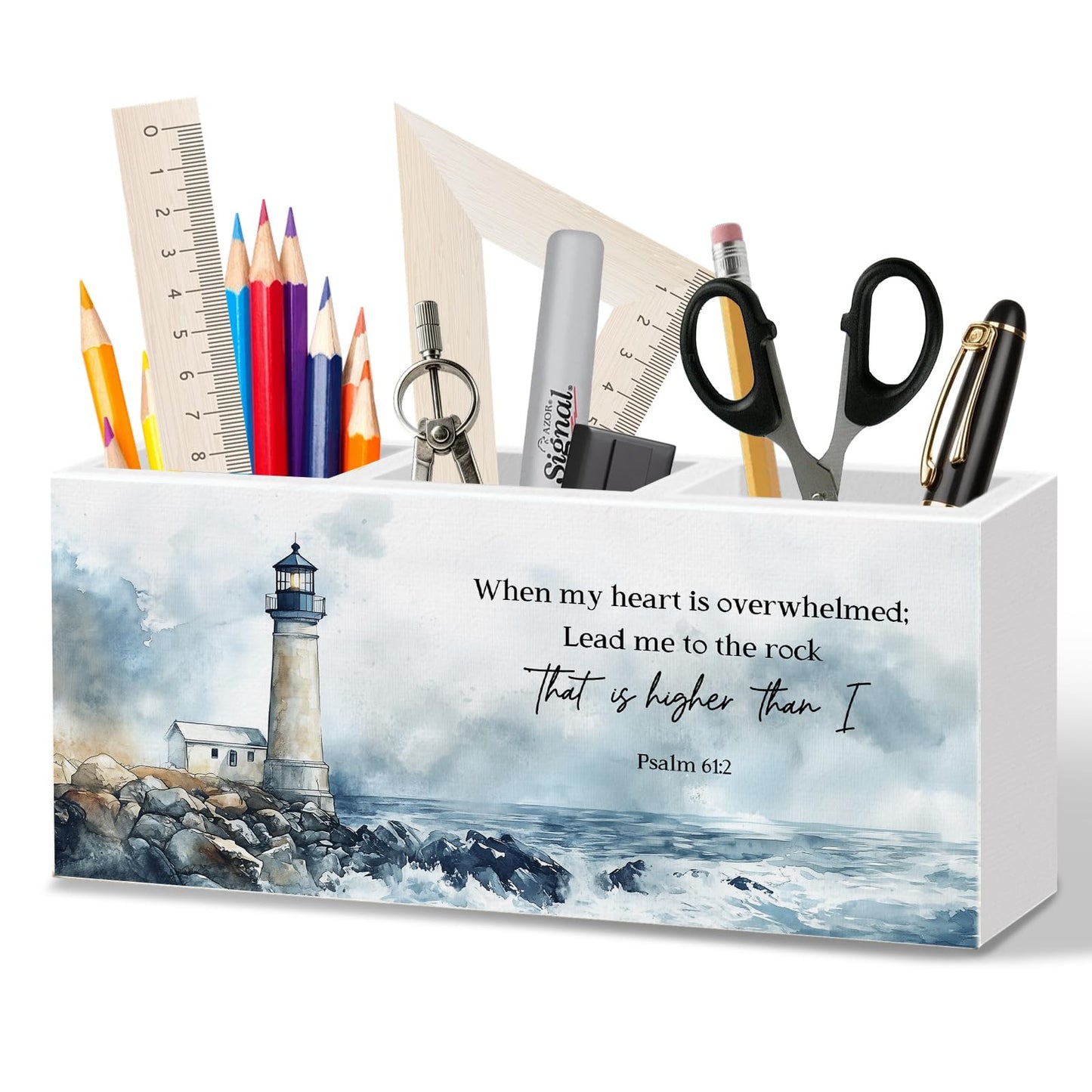 WODMIS Christian Coastal Beach Pen Pencil Holder for Desk, Christian Gifts for Women Men, Nautical Lighthouse Bible Verse Wooden Box Organizer Decorations for Home Office Desk Accessories Tabletop