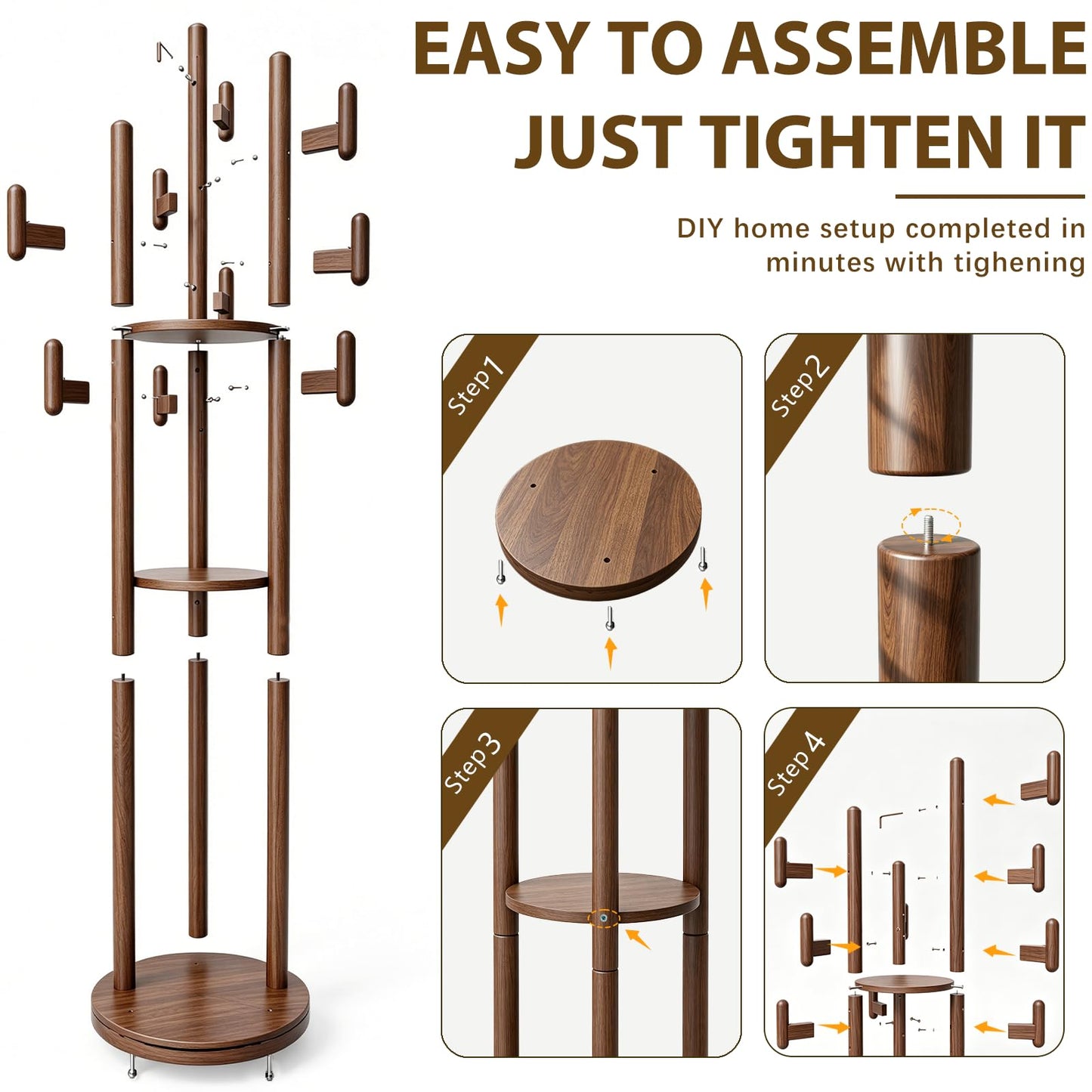 Wamhom Rotary Coat Rack Freestanding - Solid Wood Coat Tree with 9 hooks & 3 Storage Shelves for Purse, Bag, Jacket, Hat, Corner Hanger Stand Racks for Hall, Entryway, Office, Modern Clothes Holder