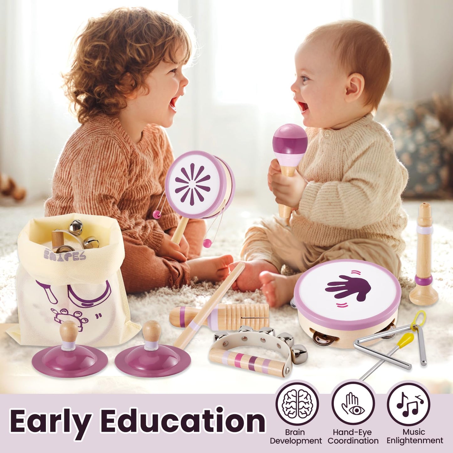 BUYGER Wooden Musical Instruments for Toddler 1-3, Baby Montessori Percussion Instruments Toys Music Educational Birthday Gifts for Ages 1 2 3 4 5+ Years Old Preschool Kids Boys Girls